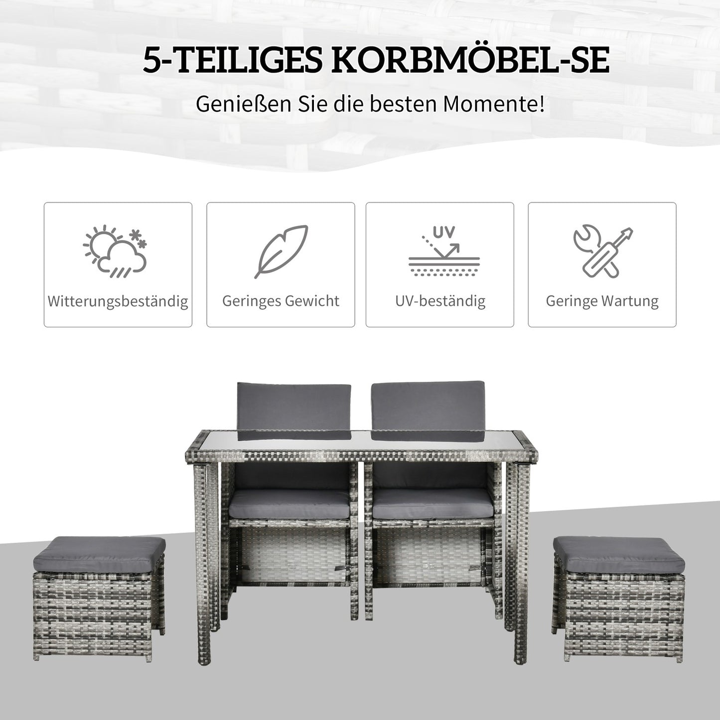 Poly rattan 4-seater garden dining set with cushions, gray