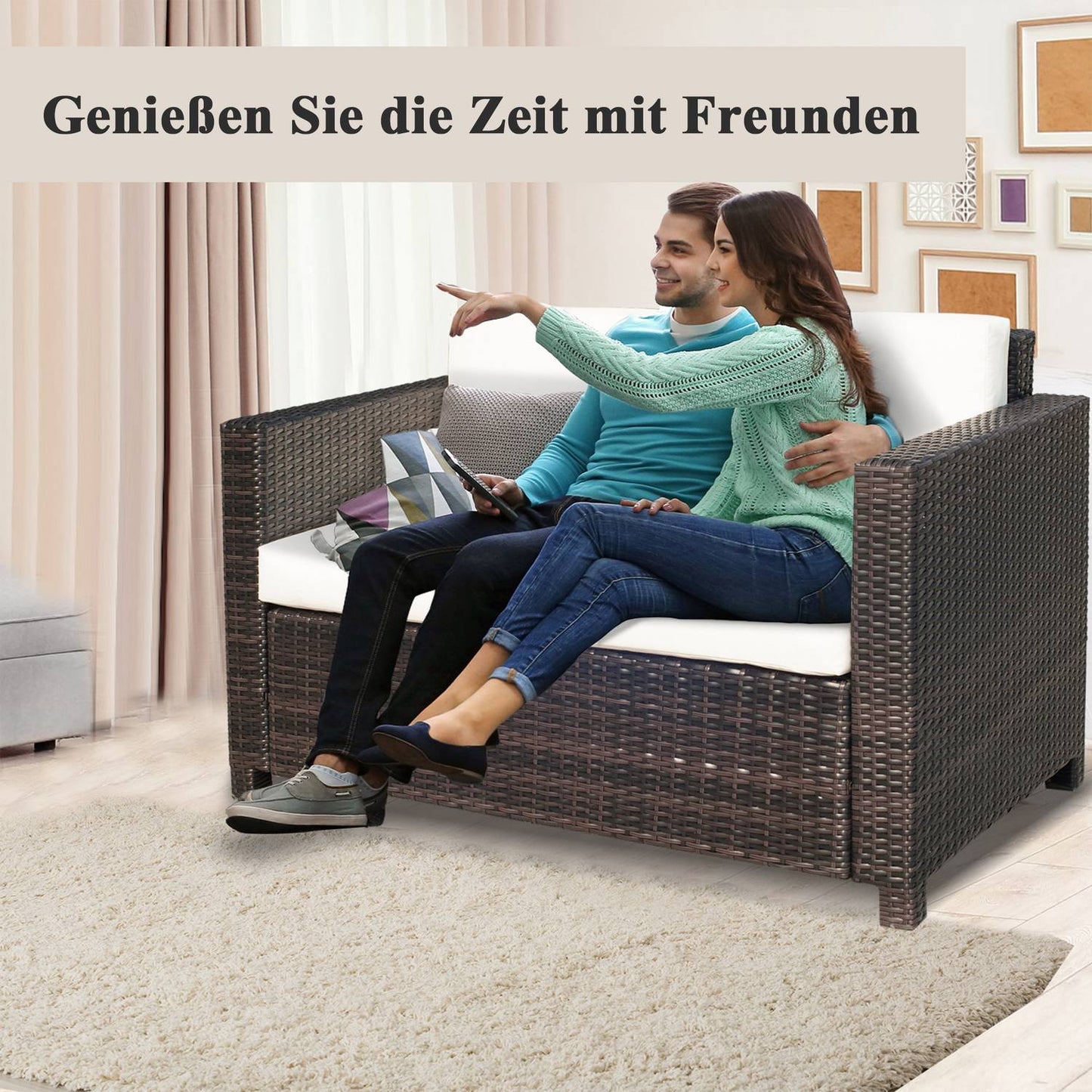 2-seater poly rattan garden sofa with cushions, brown and white