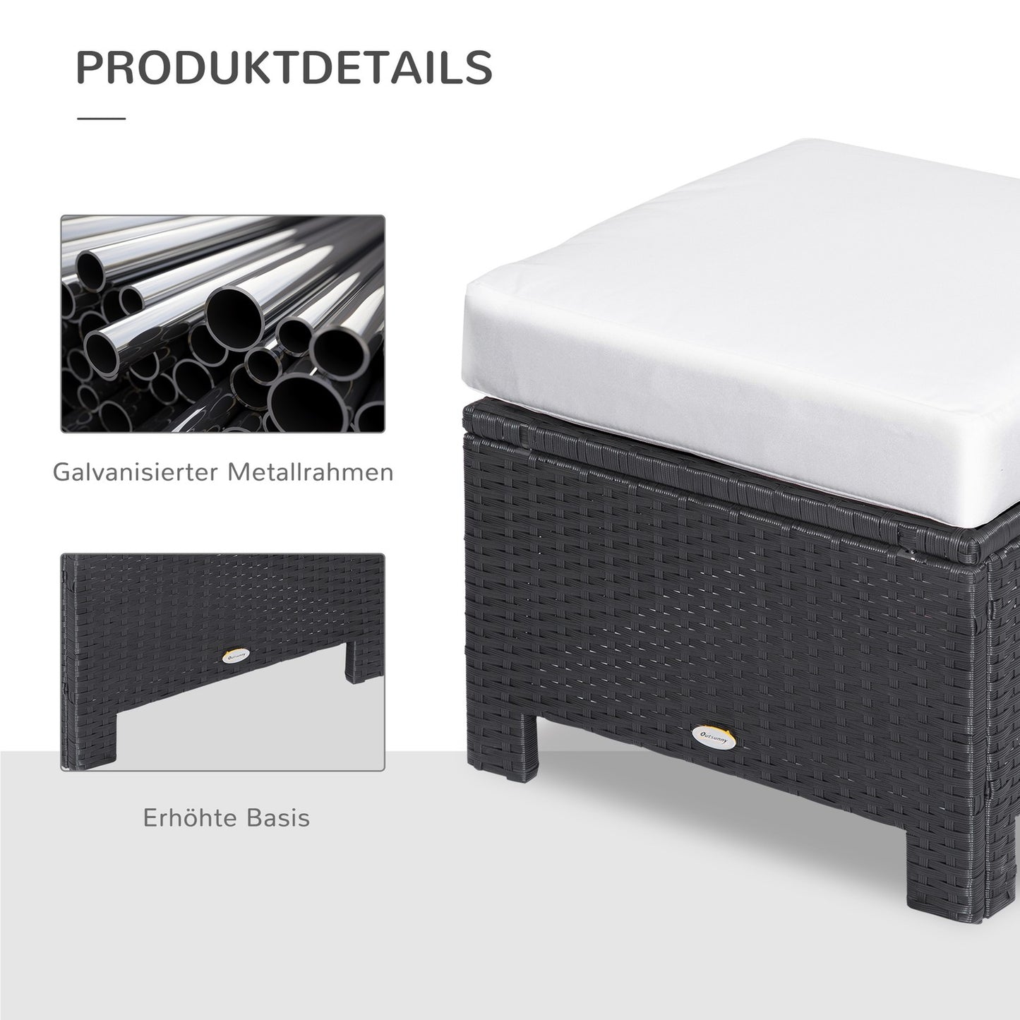 Balcony stool in poly rattan with cushion, black/cream, 50cm