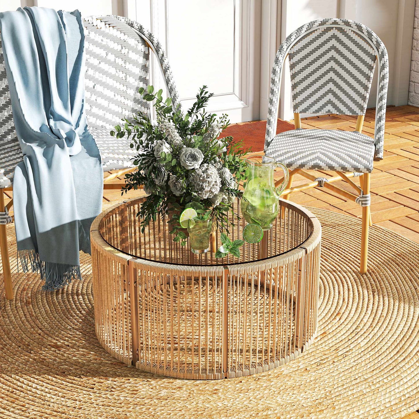 Polyrattan Coffee Table with Glass Top, 70x70x33 cm, Brown