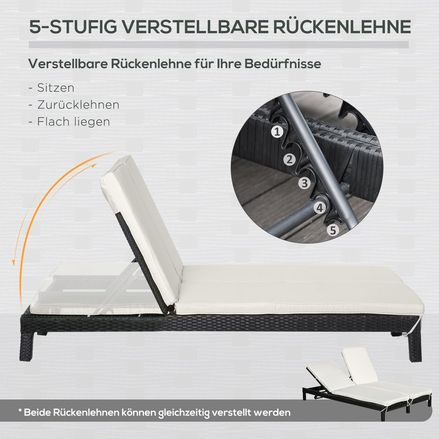 Double sun lounger for 2, adjustable backrest, gray rattan