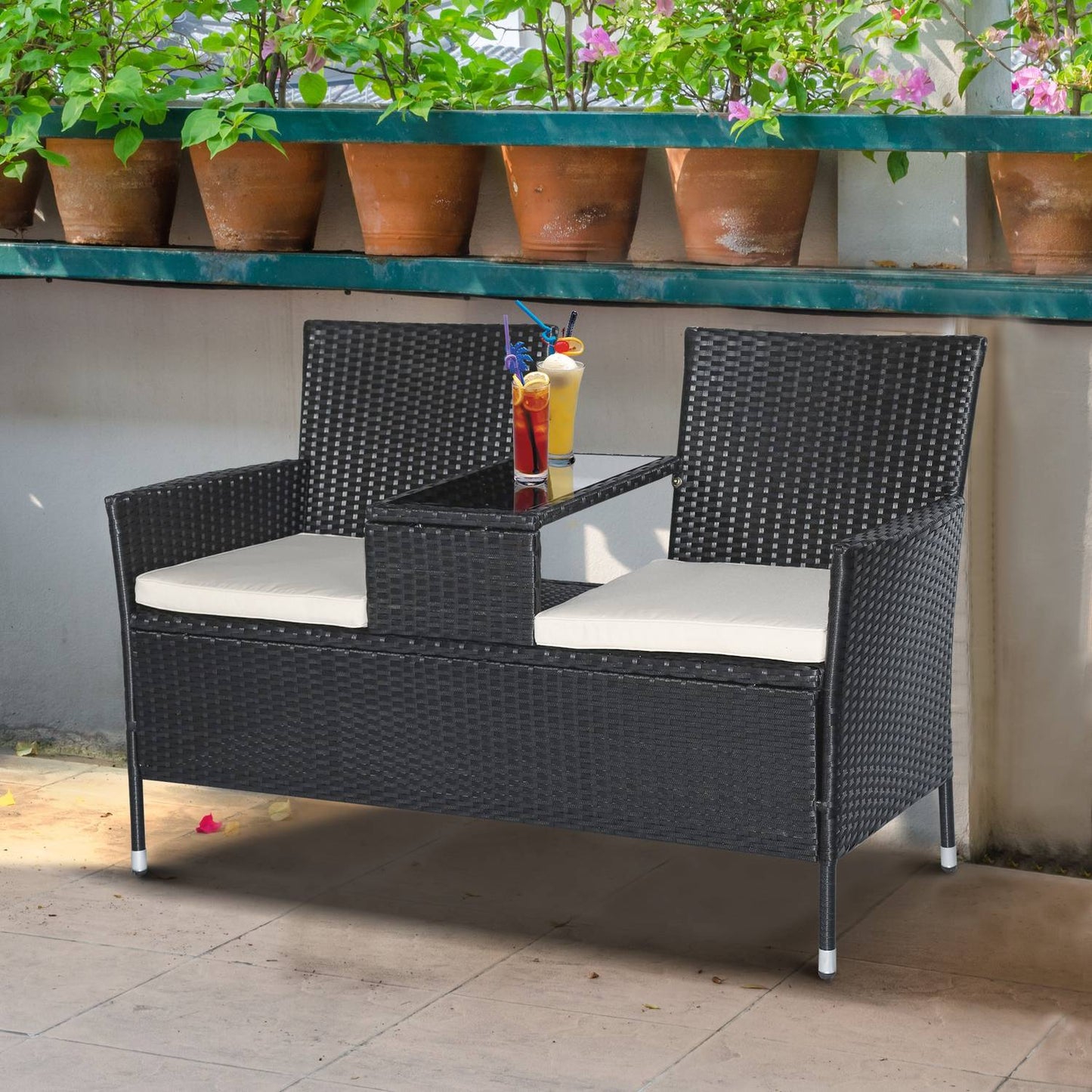 Garden sofa 2-seater polyrattan with table, black
