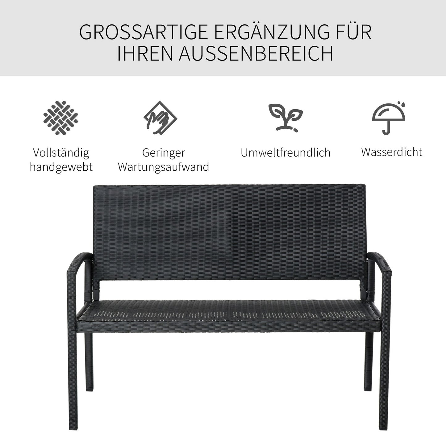 Wicker Garden bench, 2-seater - Black, 122 x 60 x 87 cm