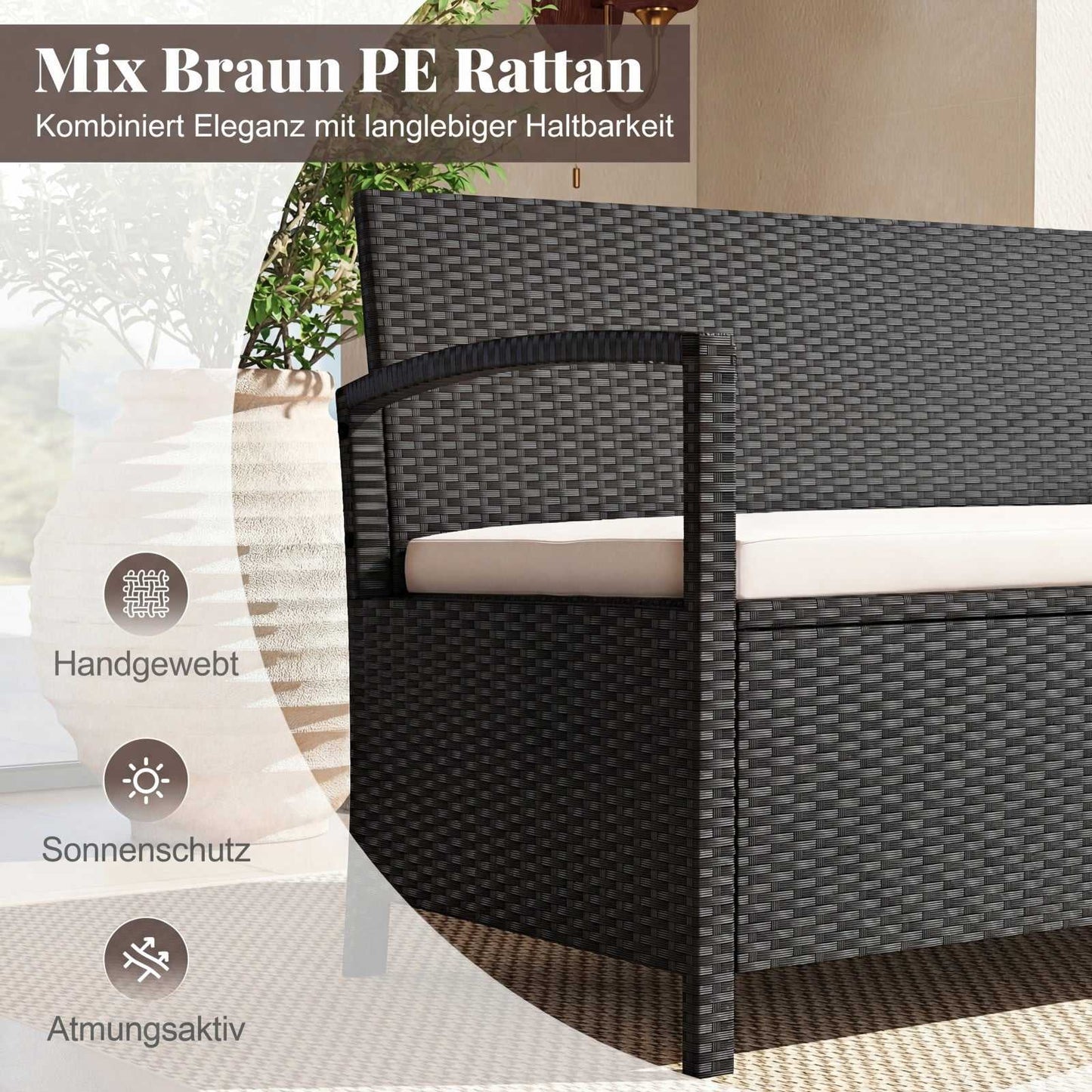 Polyrattan Garden Bench with Storage, Beige, 160L Capacity