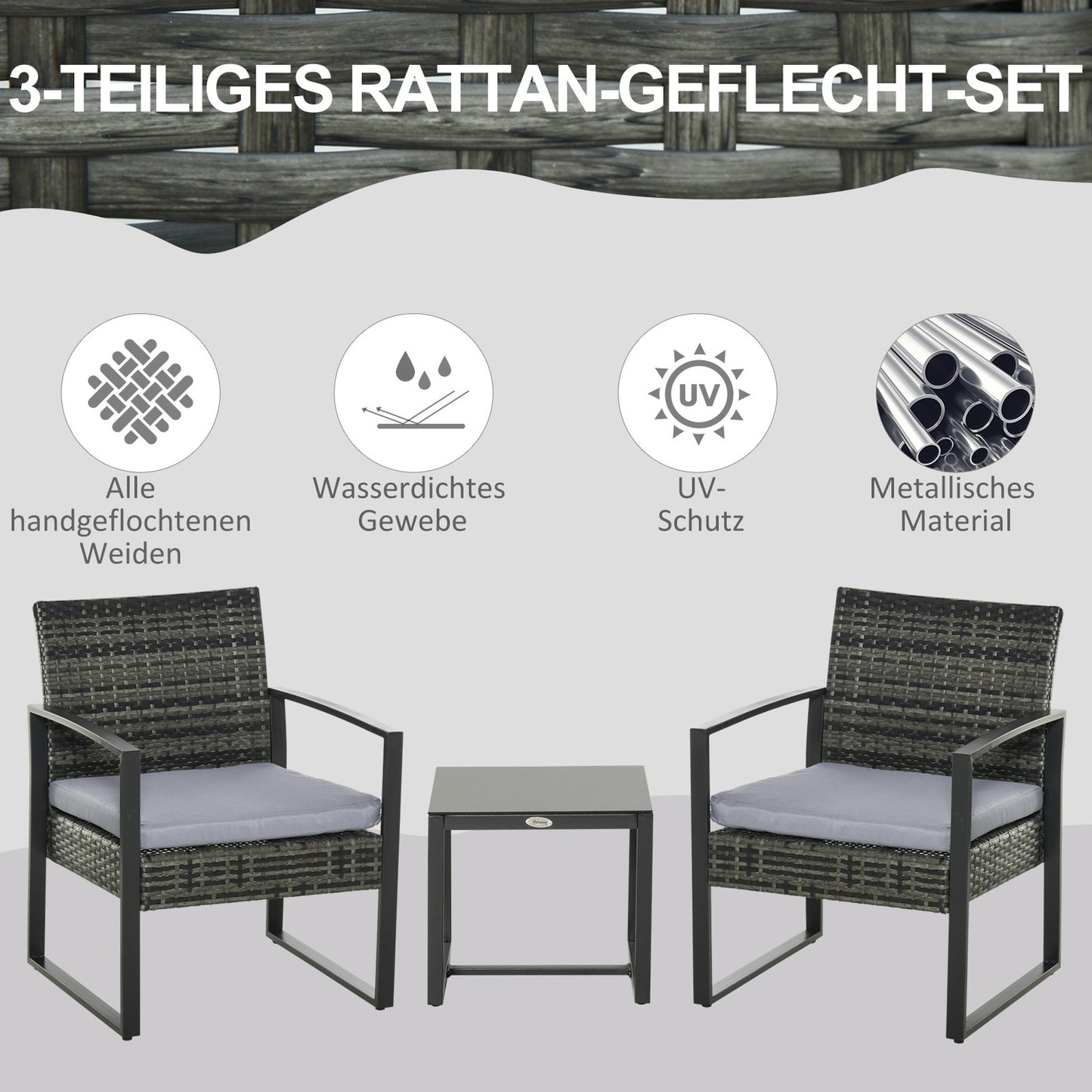 2-person balcony set in poly rattan with gray cushions