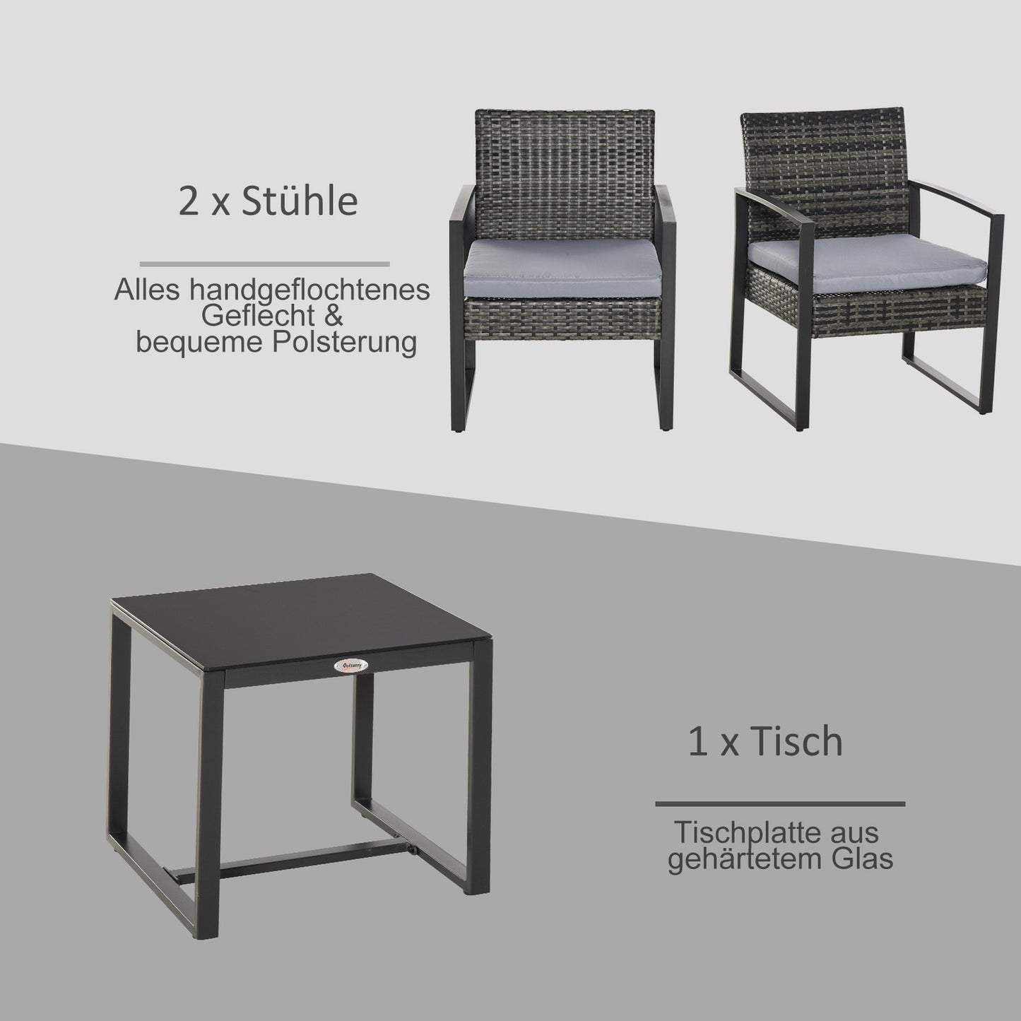 2-person balcony set in poly rattan with gray cushions