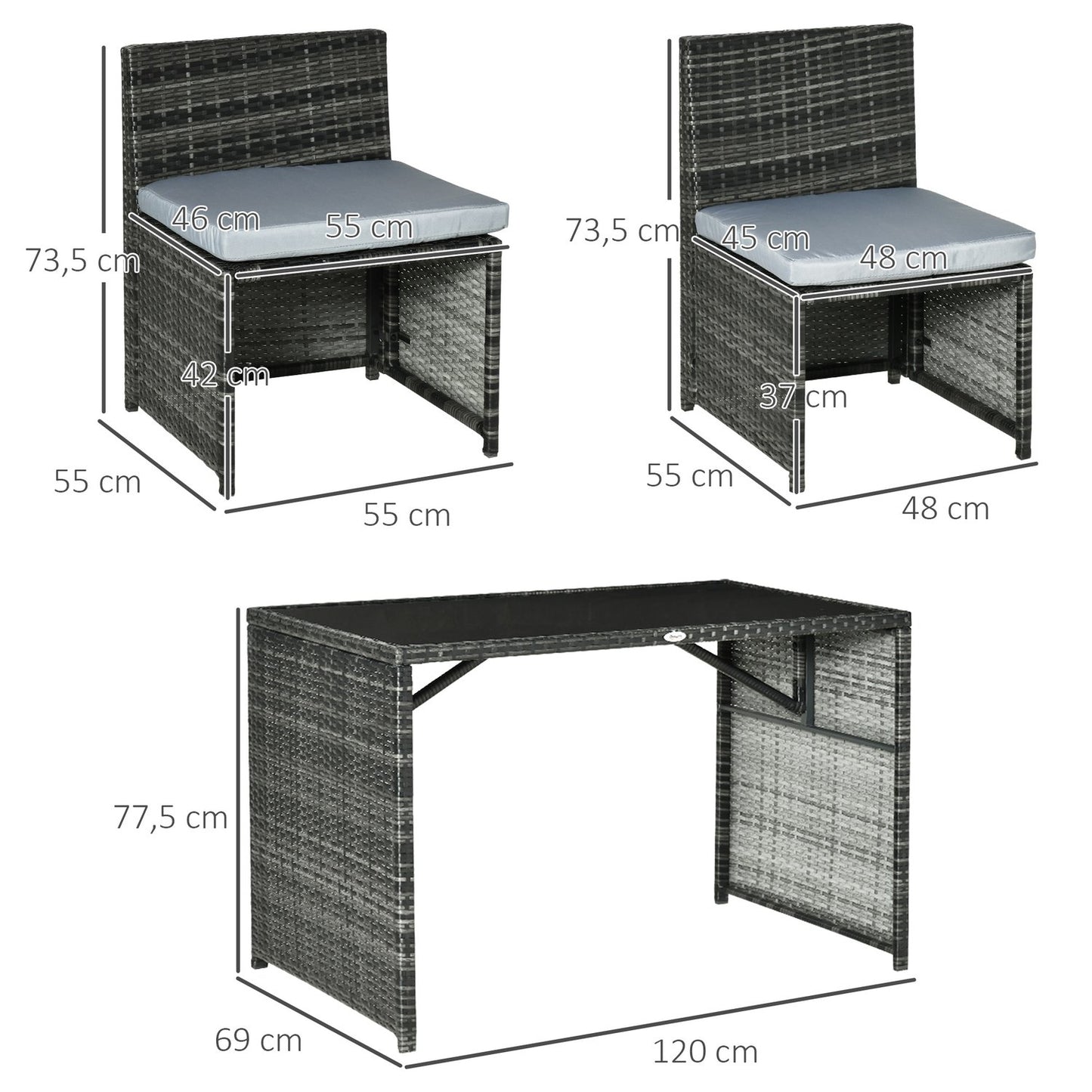 Polyrattan outdoor dining set for 4, Steel frame, Grey