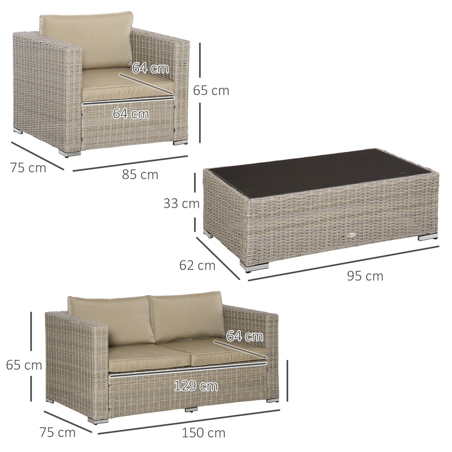 Garden lounge set in poly rattan for 4 with cushions, Khaki Beige