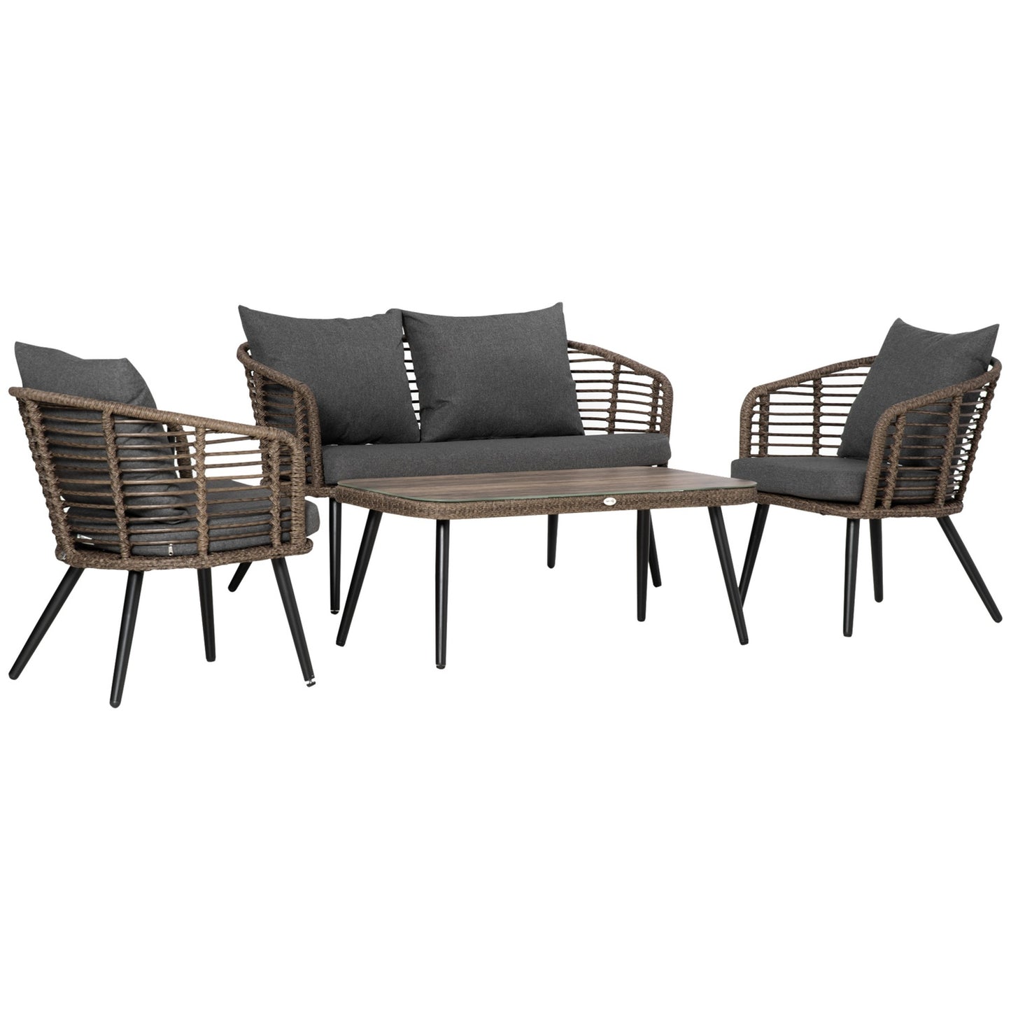 Poly rattan garden furniture with cushions for 4 - Brown/Grey