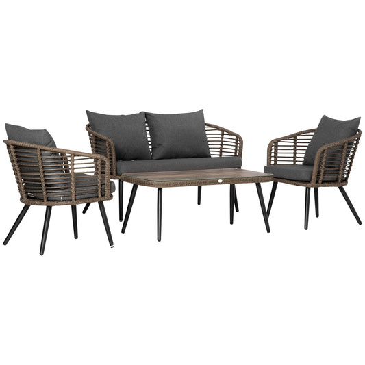 Poly rattan garden furniture with cushions for 4 - Brown/Grey