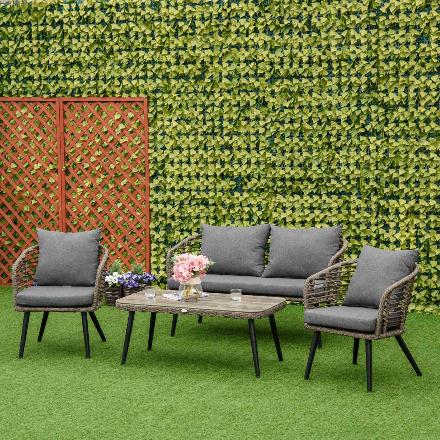Poly rattan garden furniture with cushions for 4 - Brown/Grey