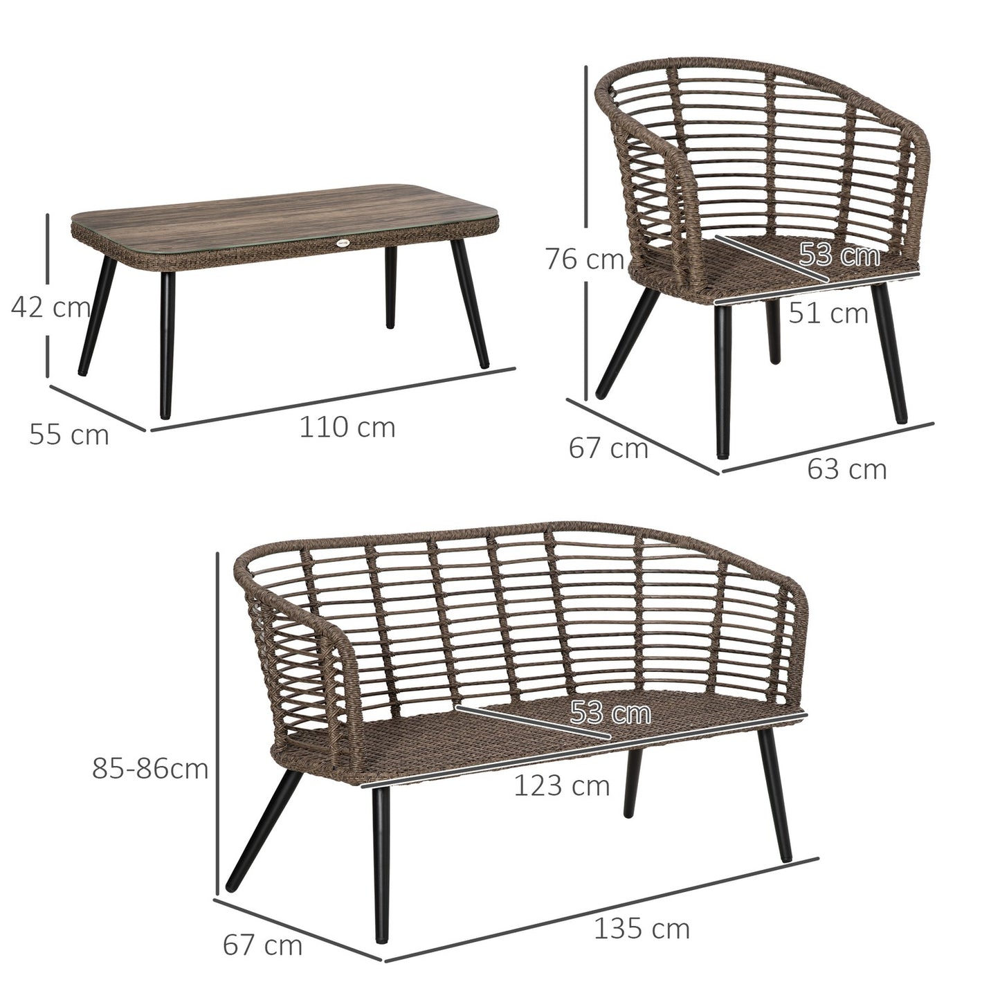Poly rattan garden furniture with cushions for 4 - Brown/Grey