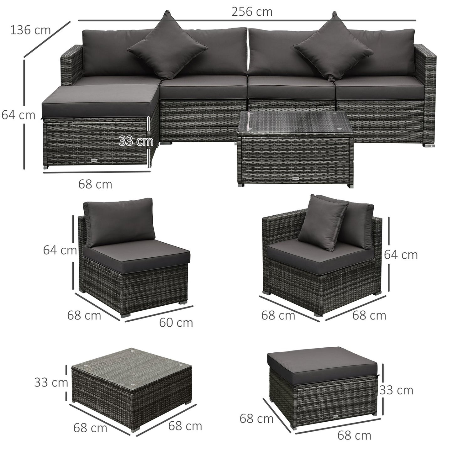 Polyrattan 4-person outdoor furniture set, gray