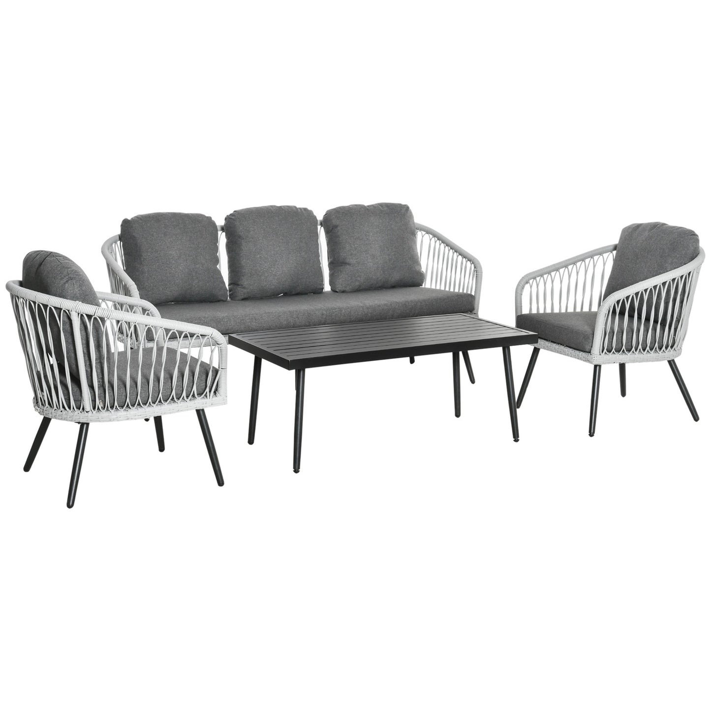 Outdoor furniture in polyrattan, 5 chairs, aluminum frame, gray cushions