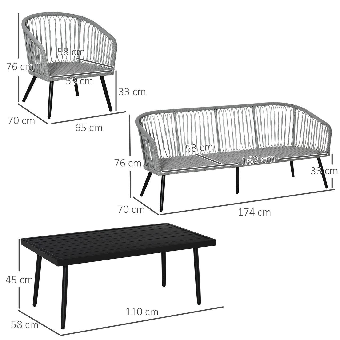 Outdoor furniture in polyrattan, 5 chairs, aluminum frame, gray cushions