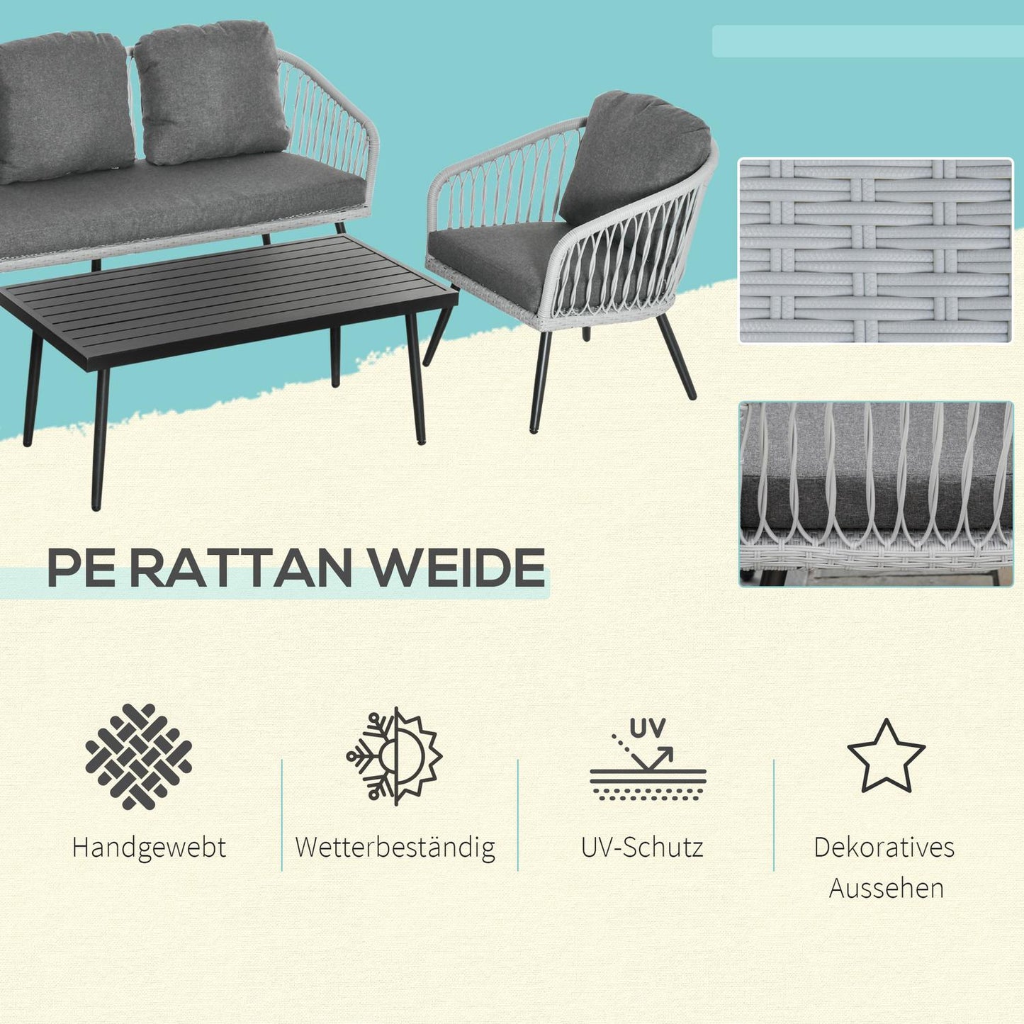 Outdoor furniture in polyrattan, 5 chairs, aluminum frame, gray cushions