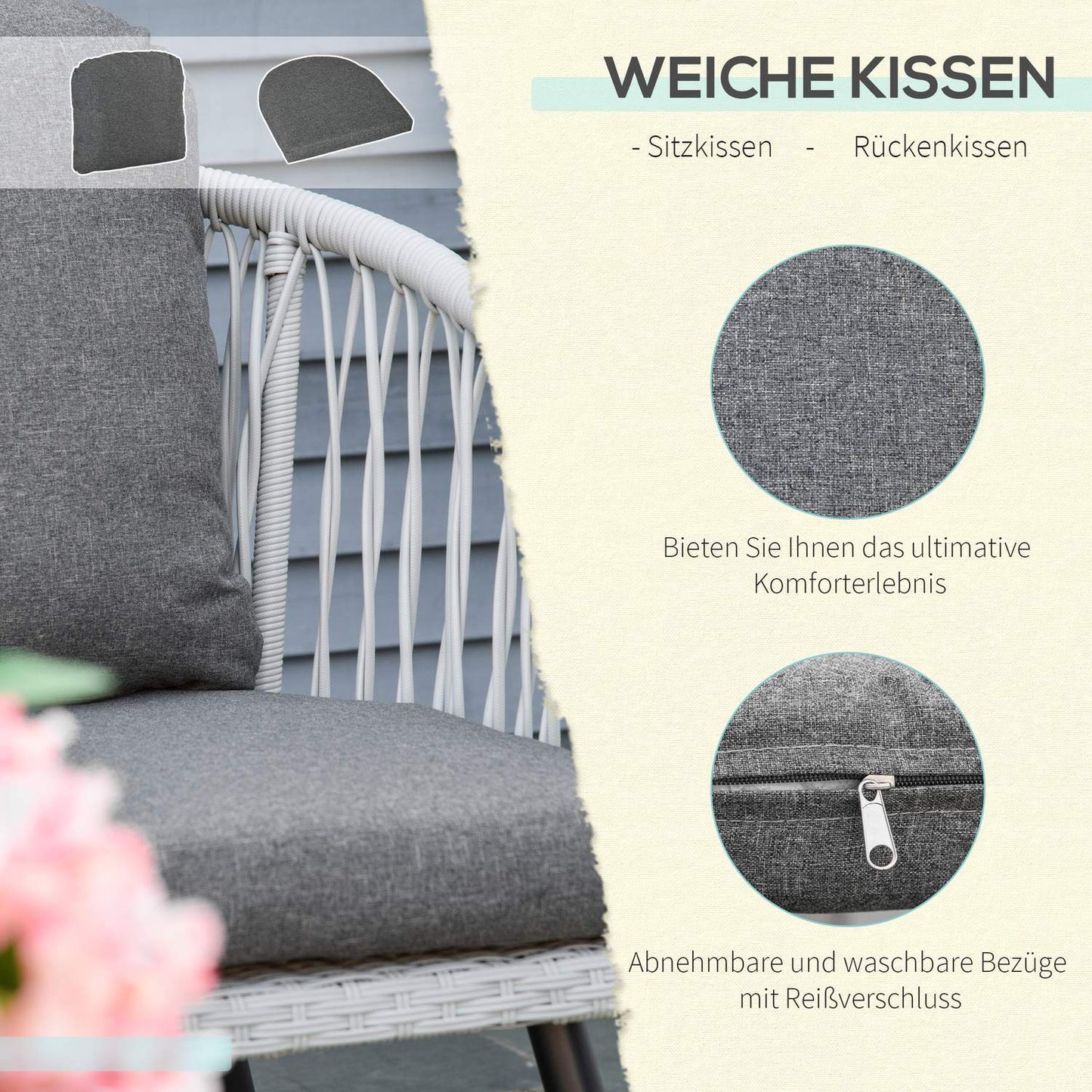 Outdoor furniture in polyrattan, 5 chairs, aluminum frame, gray cushions