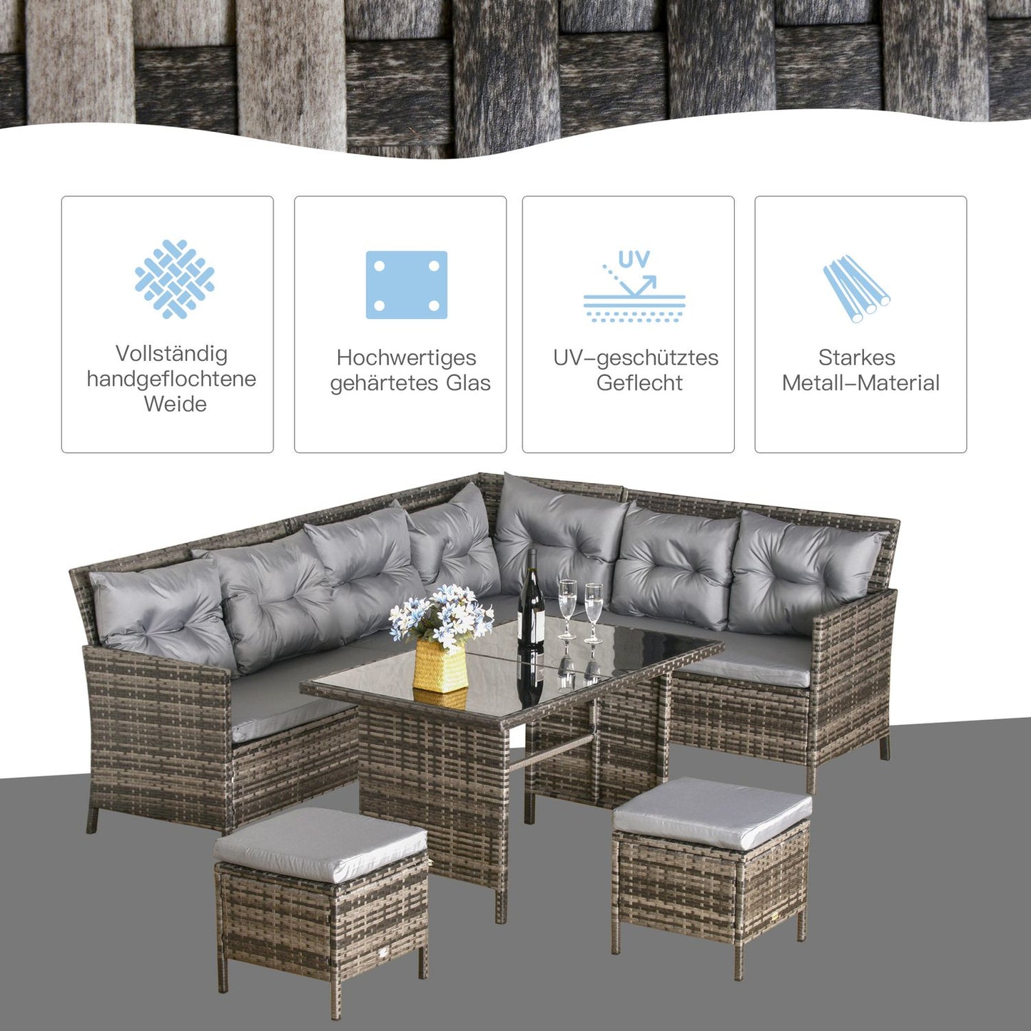 Gray Polyrattan Outdoor Lounge Set with cushions