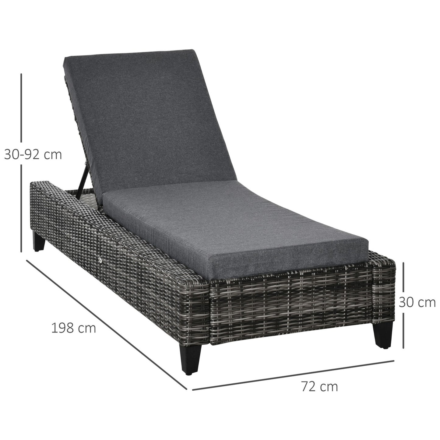 Sun lounger in rattan, adjustable 5 levels, with cushion, grey