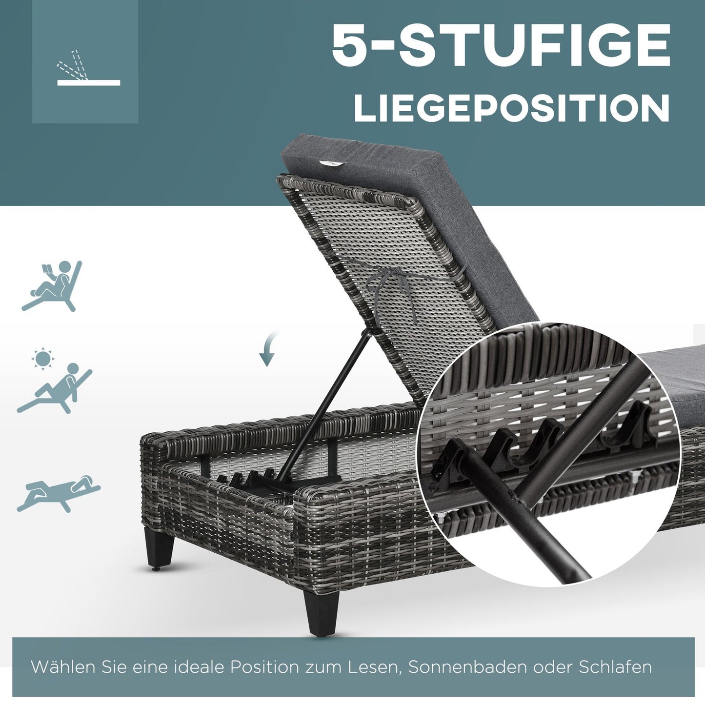 Sun lounger in rattan, adjustable 5 levels, with cushion, grey