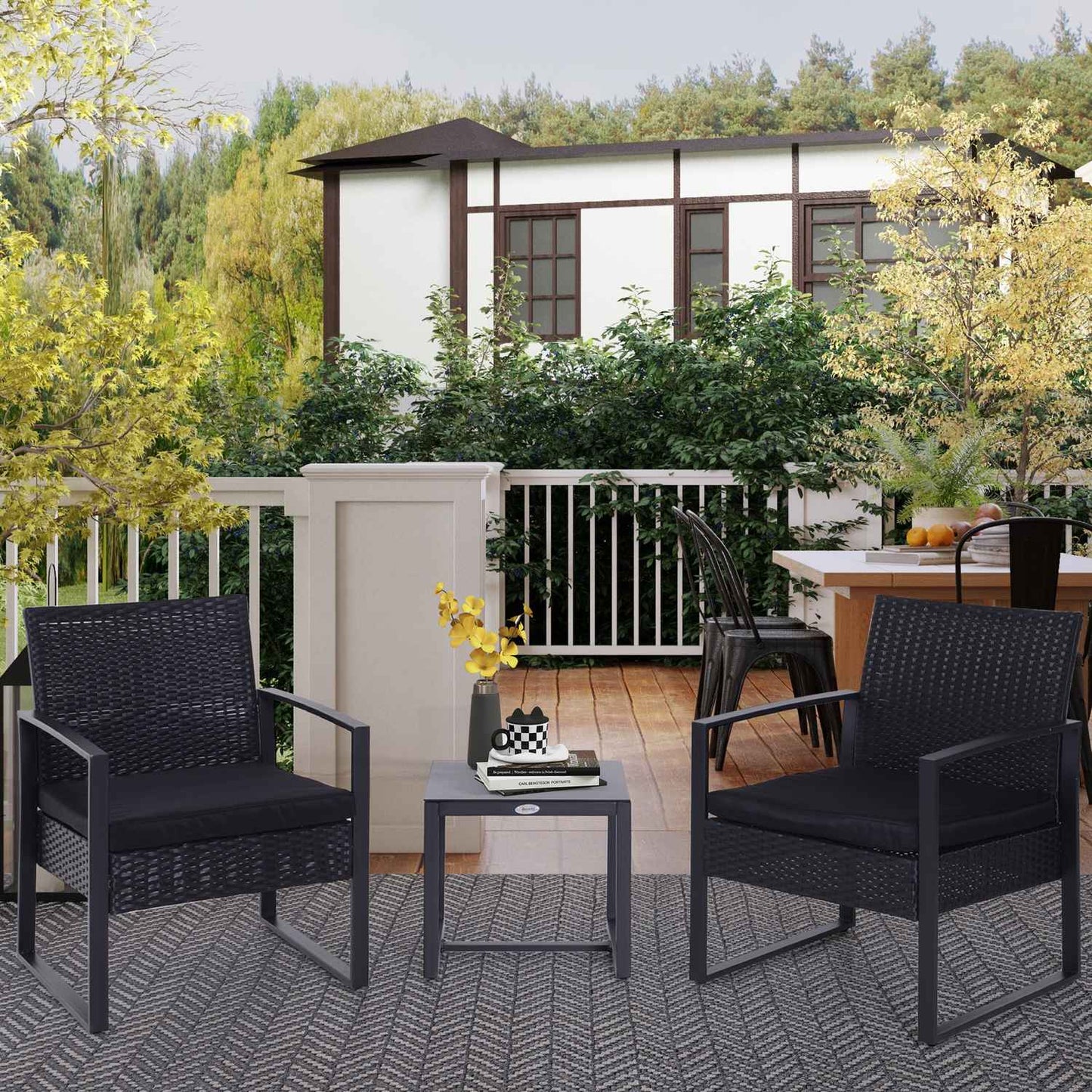 Black poly rattan balcony furniture set with cushions for 2
