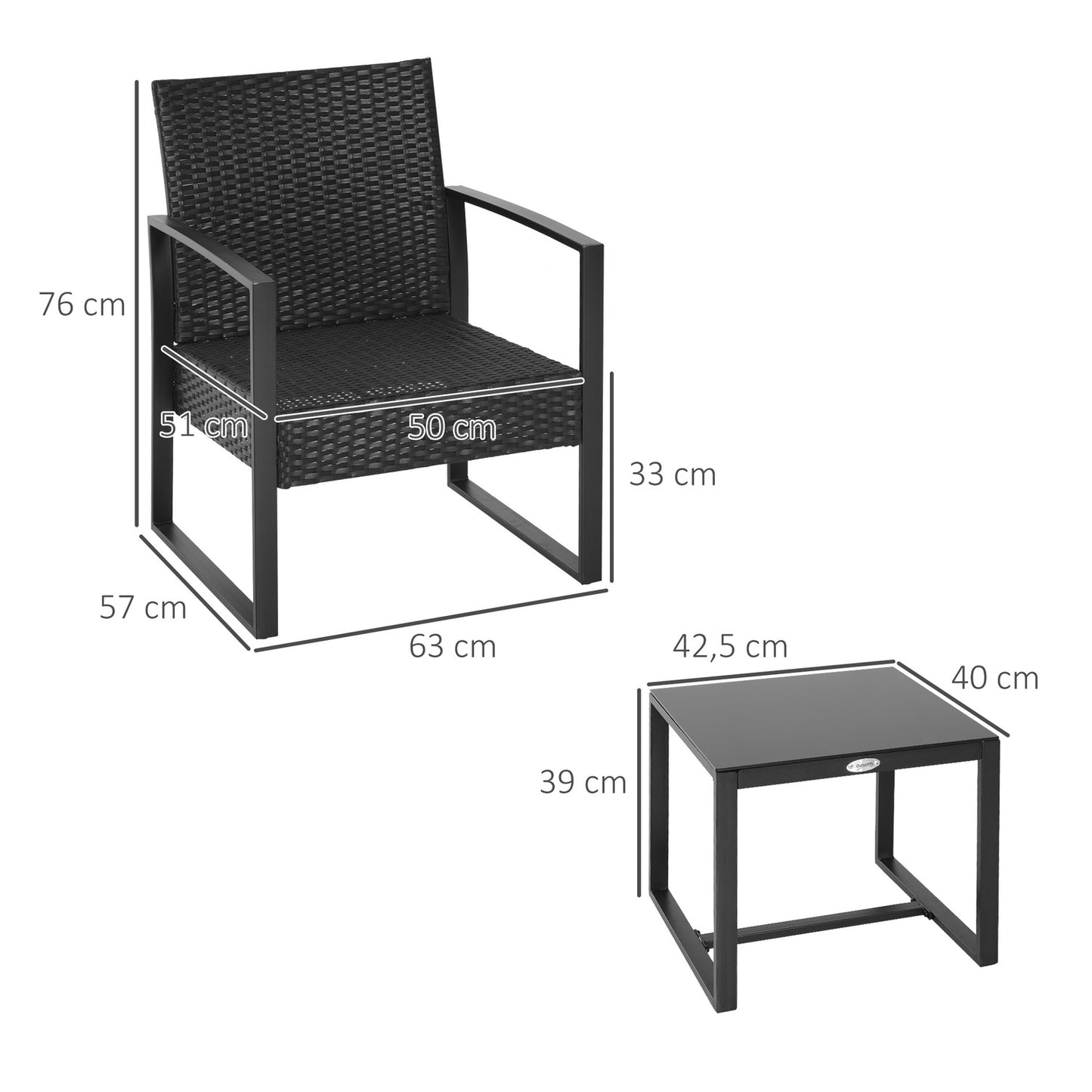 Black poly rattan balcony furniture set with cushions for 2