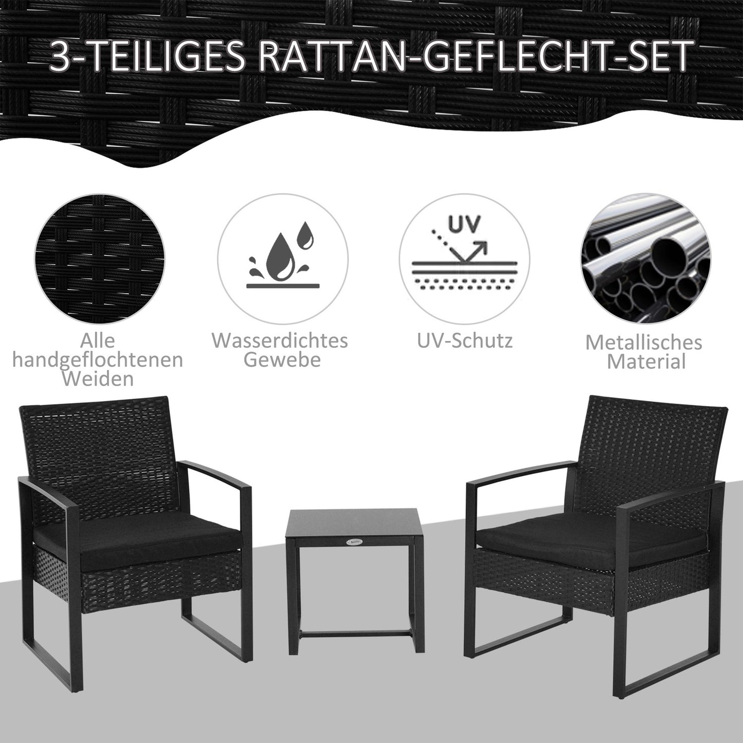 Black poly rattan balcony furniture set with cushions for 2