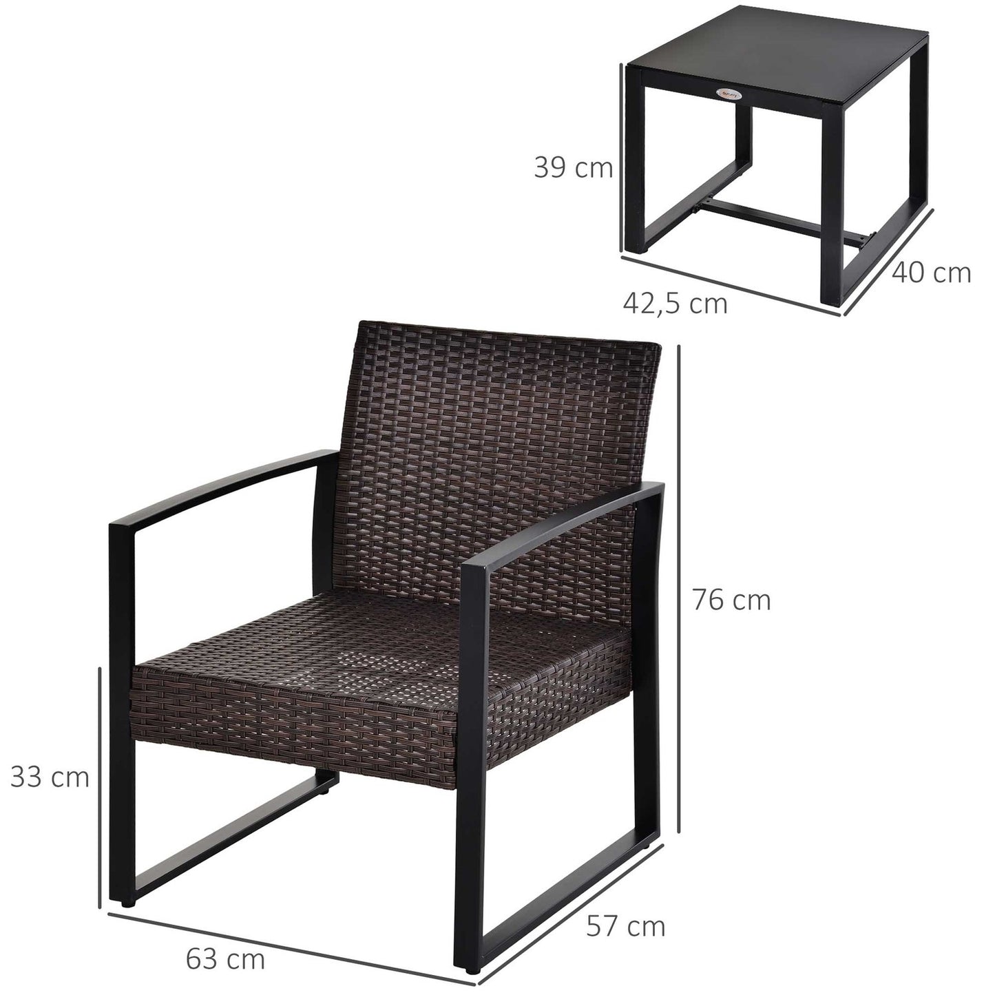 Balcony furniture set in poly rattan for 2, cushions included