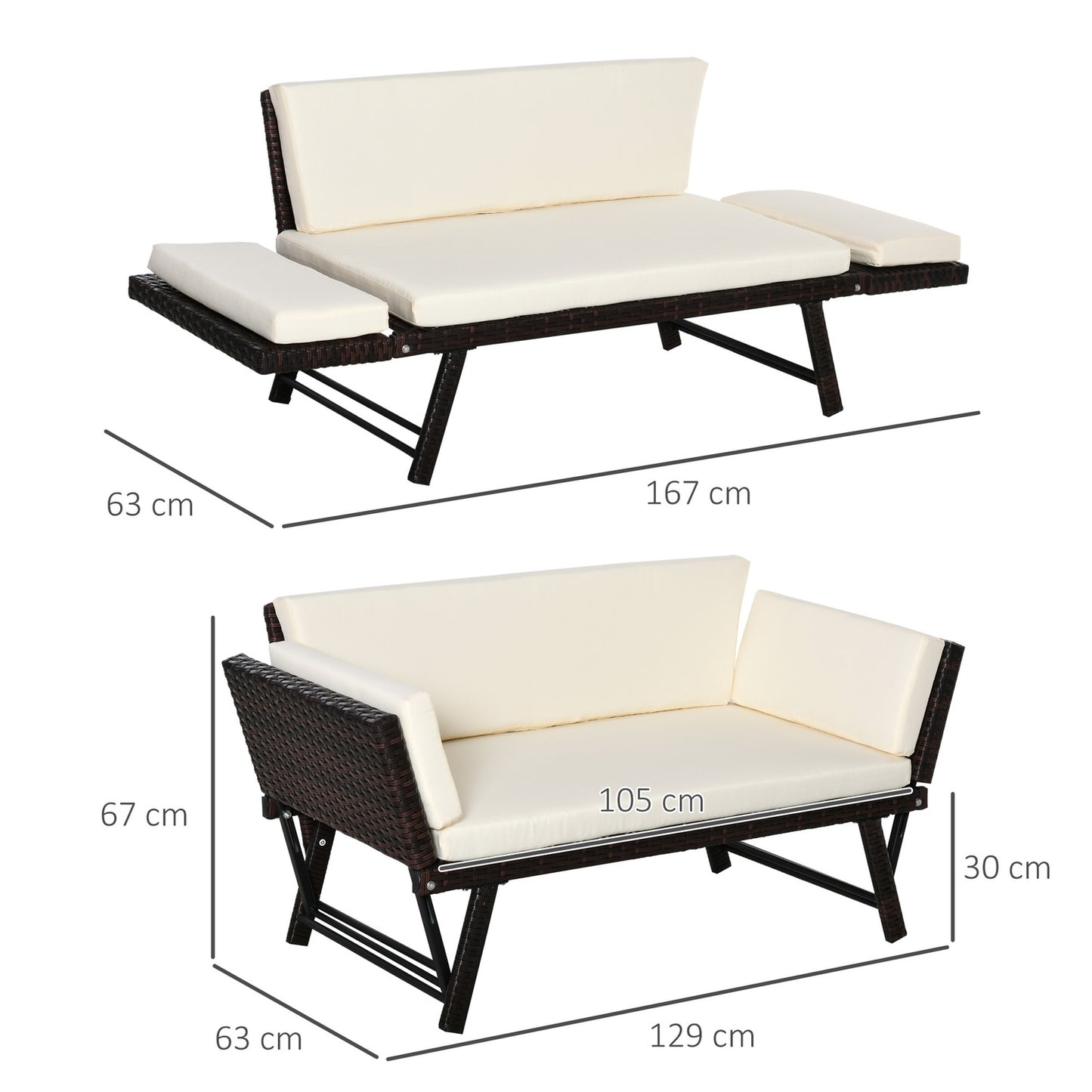 2-seater poly rattan garden sofa with folding armrests