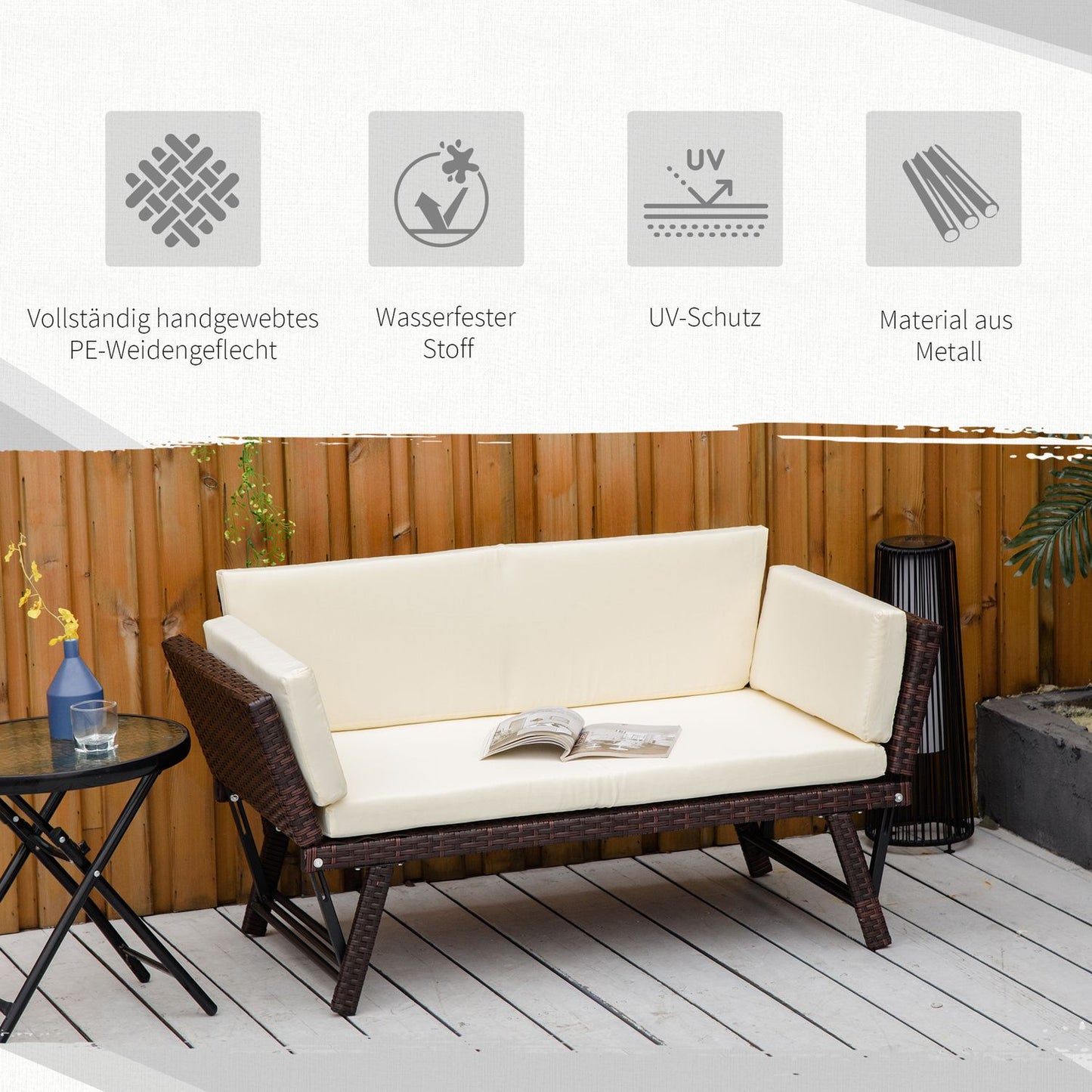 2-seater poly rattan garden sofa with folding armrests