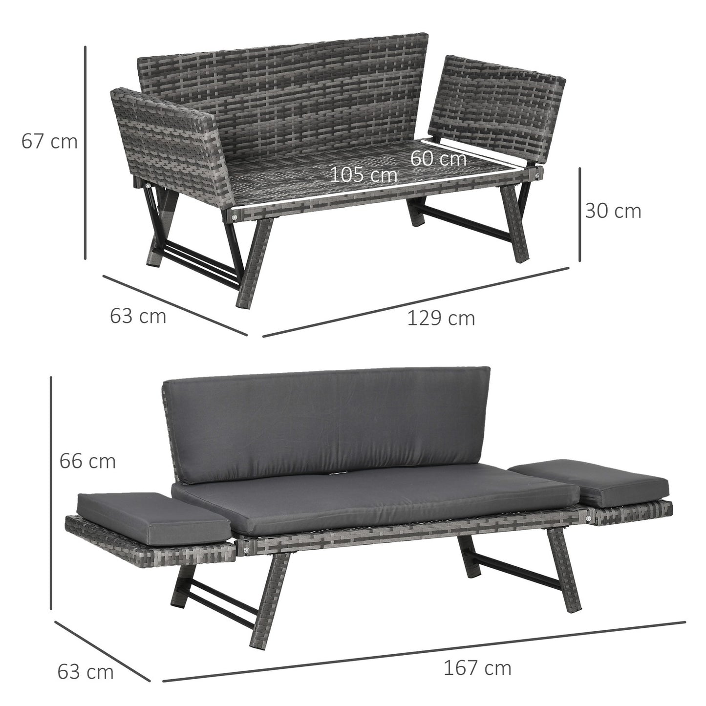Poly rattan gray 2-seater garden sofa with folding arms