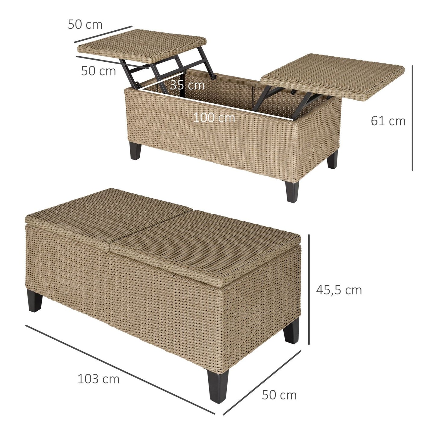 Extendable garden coffee table in poly rattan, khaki steel