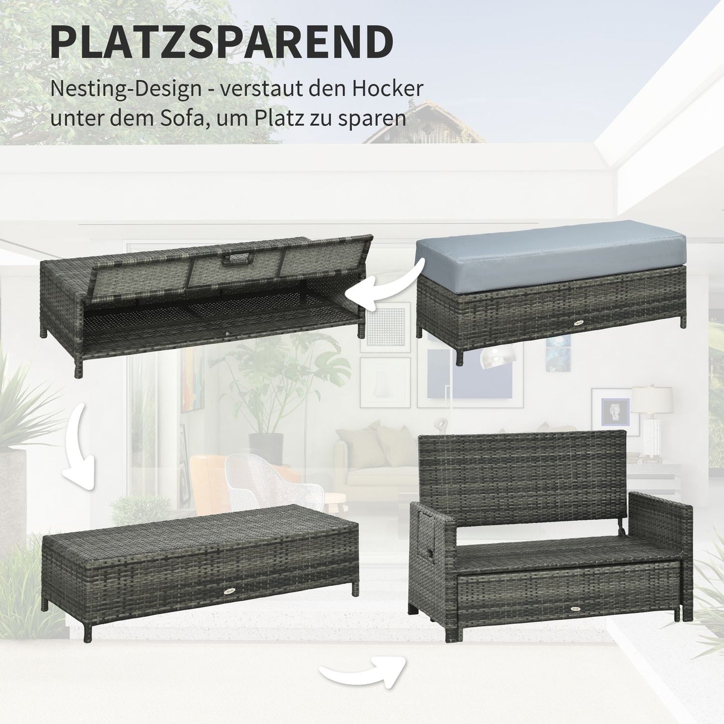Gray polyrattan 2-seater garden sofa with cushion and stool