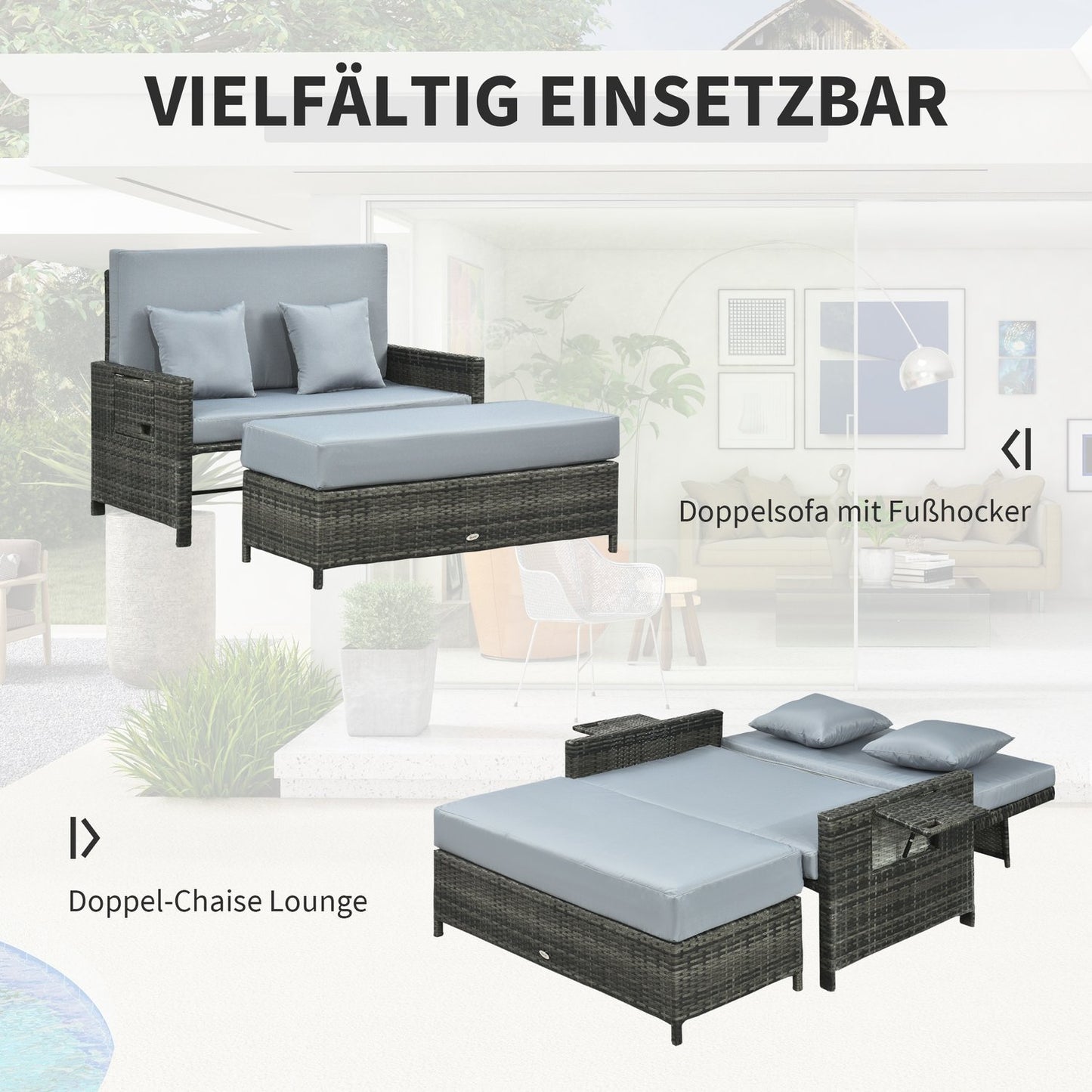 Gray polyrattan 2-seater garden sofa with cushion and stool