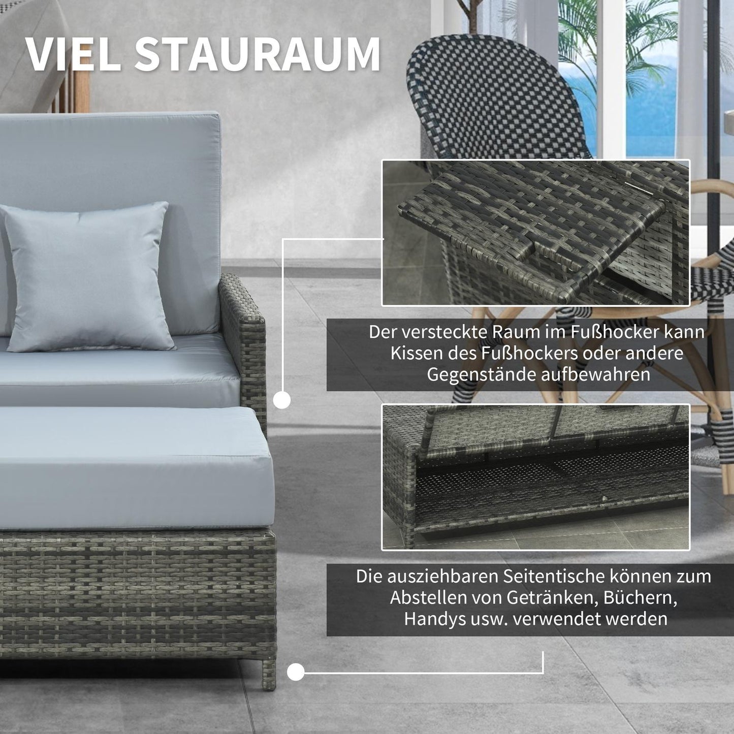 Gray polyrattan 2-seater garden sofa with cushion and stool