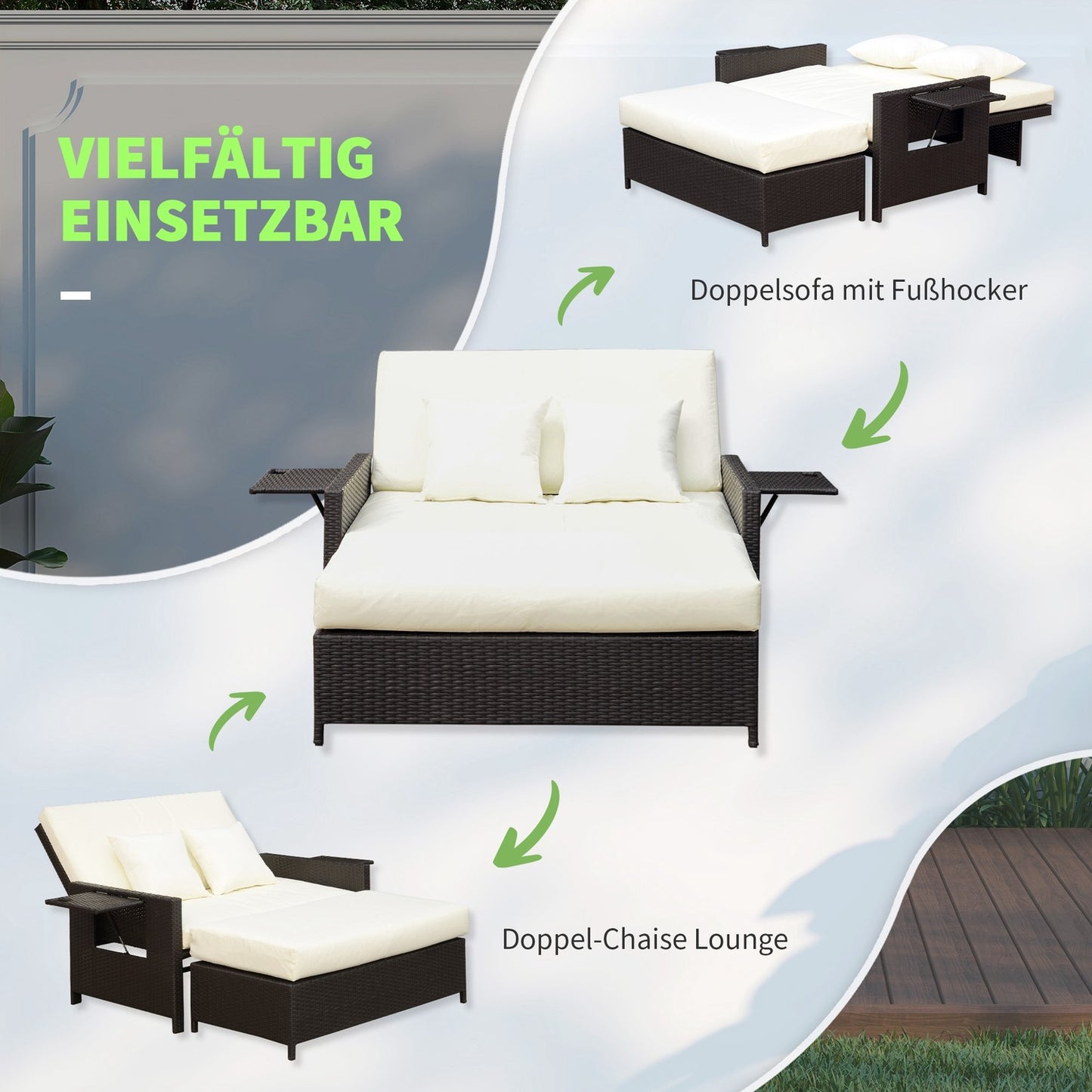 Brown polyrattan 2-seater garden chair with cushions
