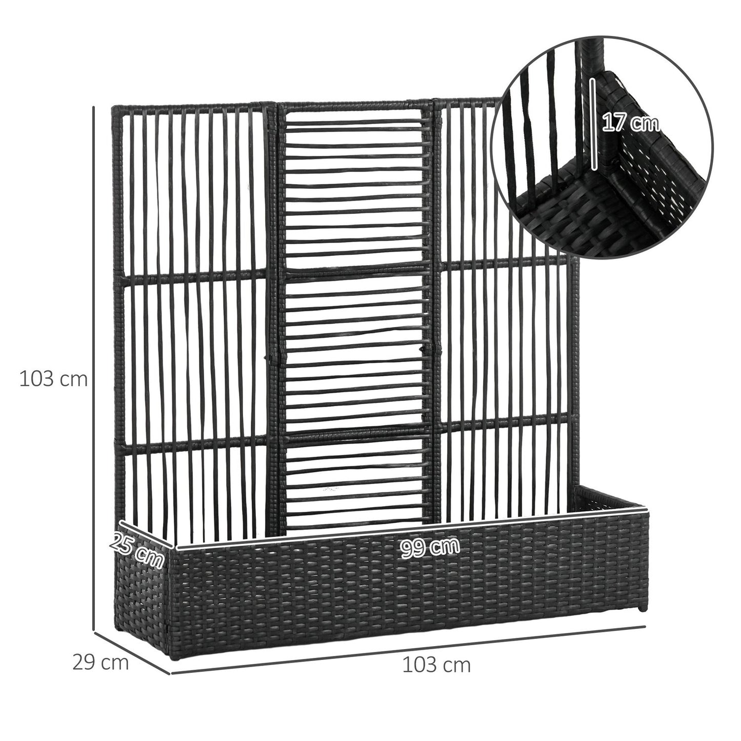 Black Polyrattan Raised garden bed with trellis 103x103x29 cm