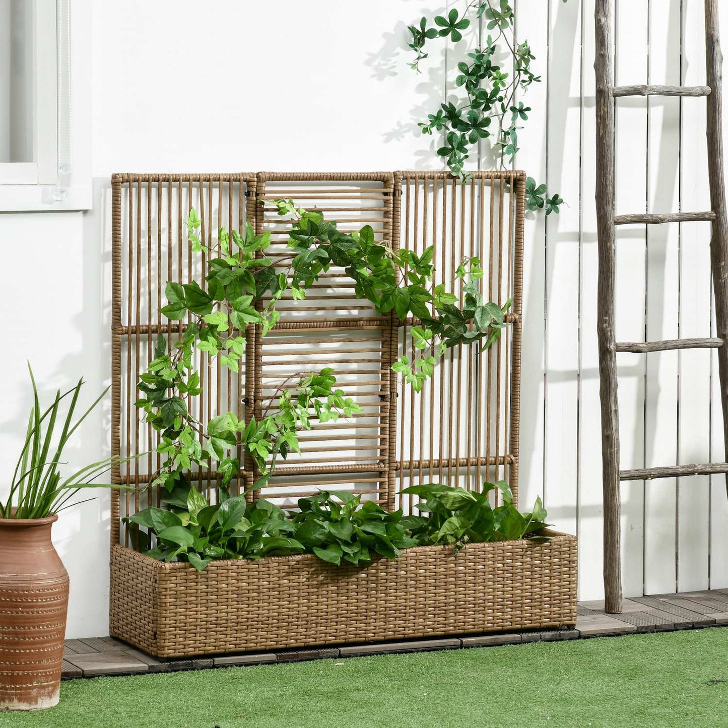 Raised planting in poly rattan with trellis for garden and balcony