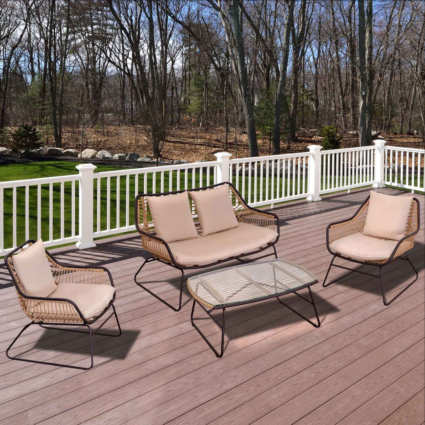 4-person sofa group in rattan, table in tempered glass, cushions