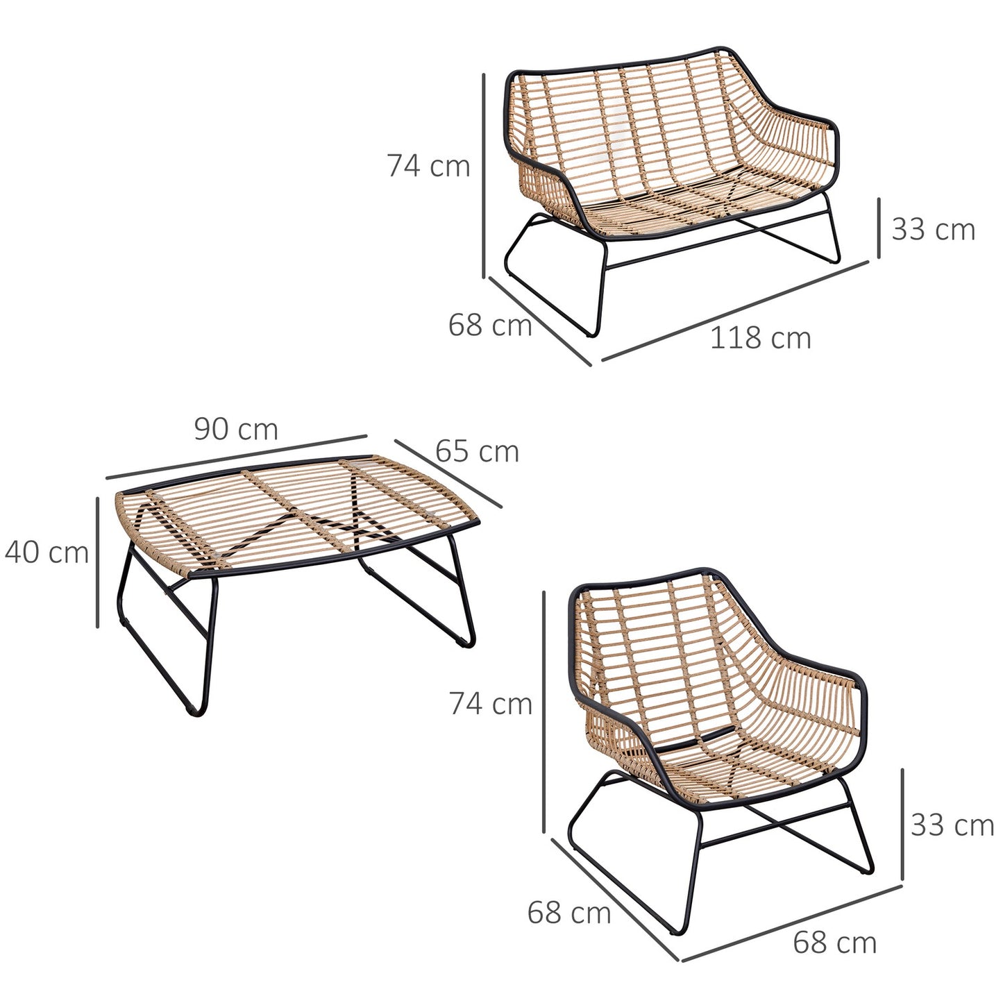 4-person sofa group in rattan, table in tempered glass, cushions