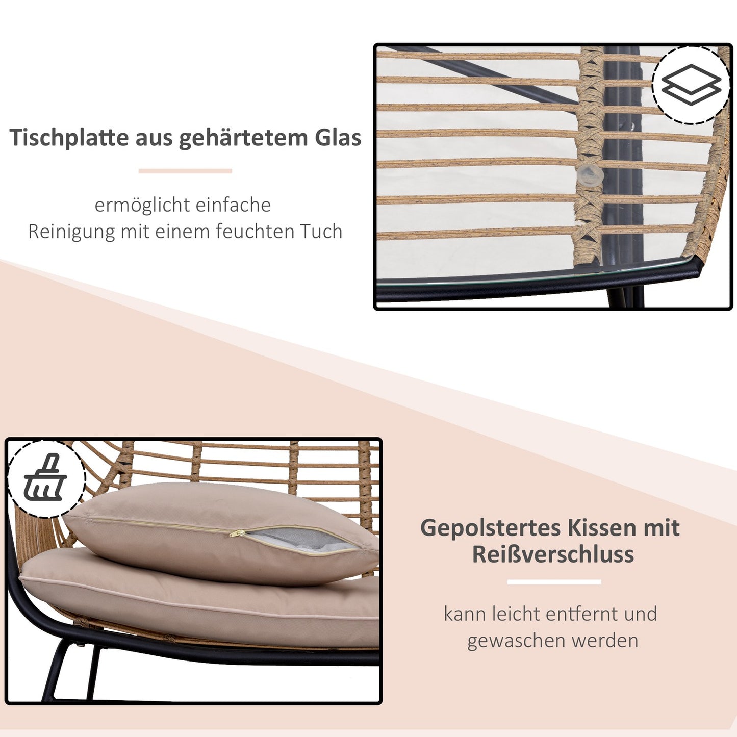 4-person sofa group in rattan, table in tempered glass, cushions