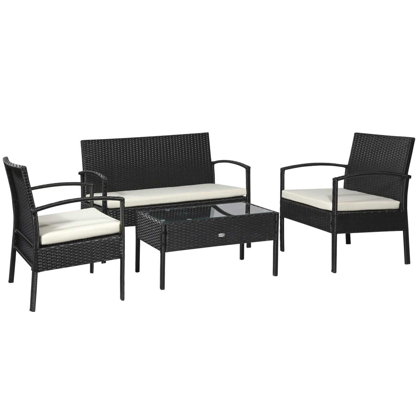 Garden lounge set in poly rattan with cushions, black, seats 4