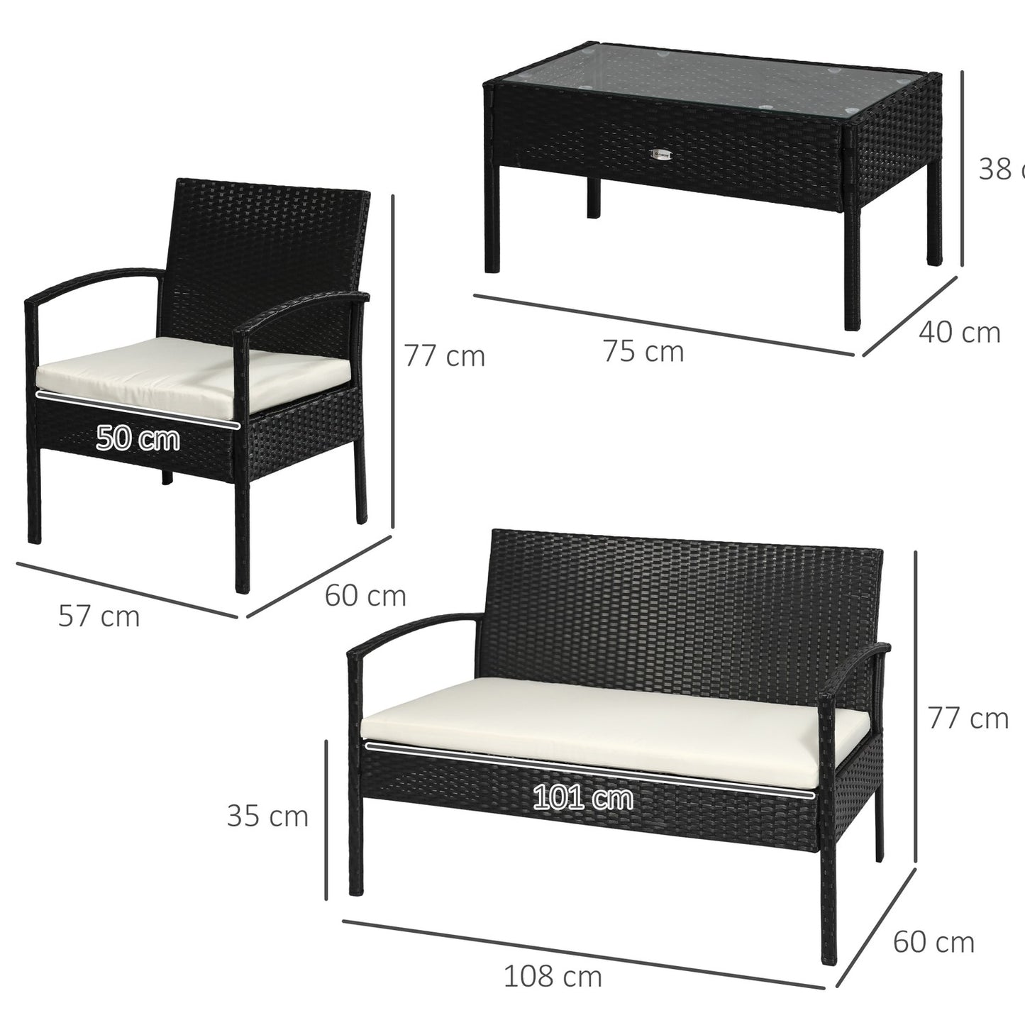 Garden lounge set in poly rattan with cushions, black, seats 4