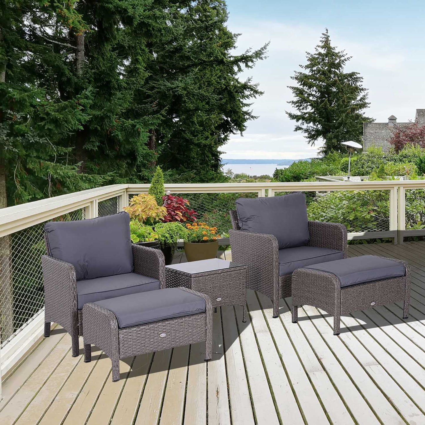 Outdoor dining set in polyrattan, dark grey, with cushions
