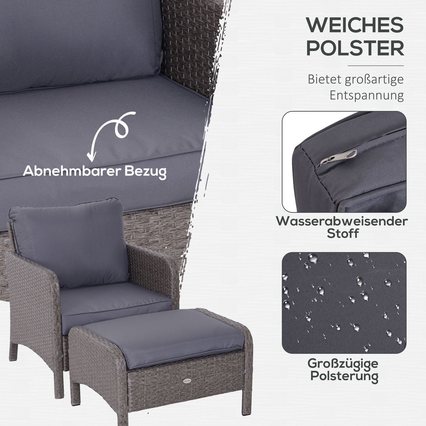 Outdoor dining set in polyrattan, dark grey, with cushions