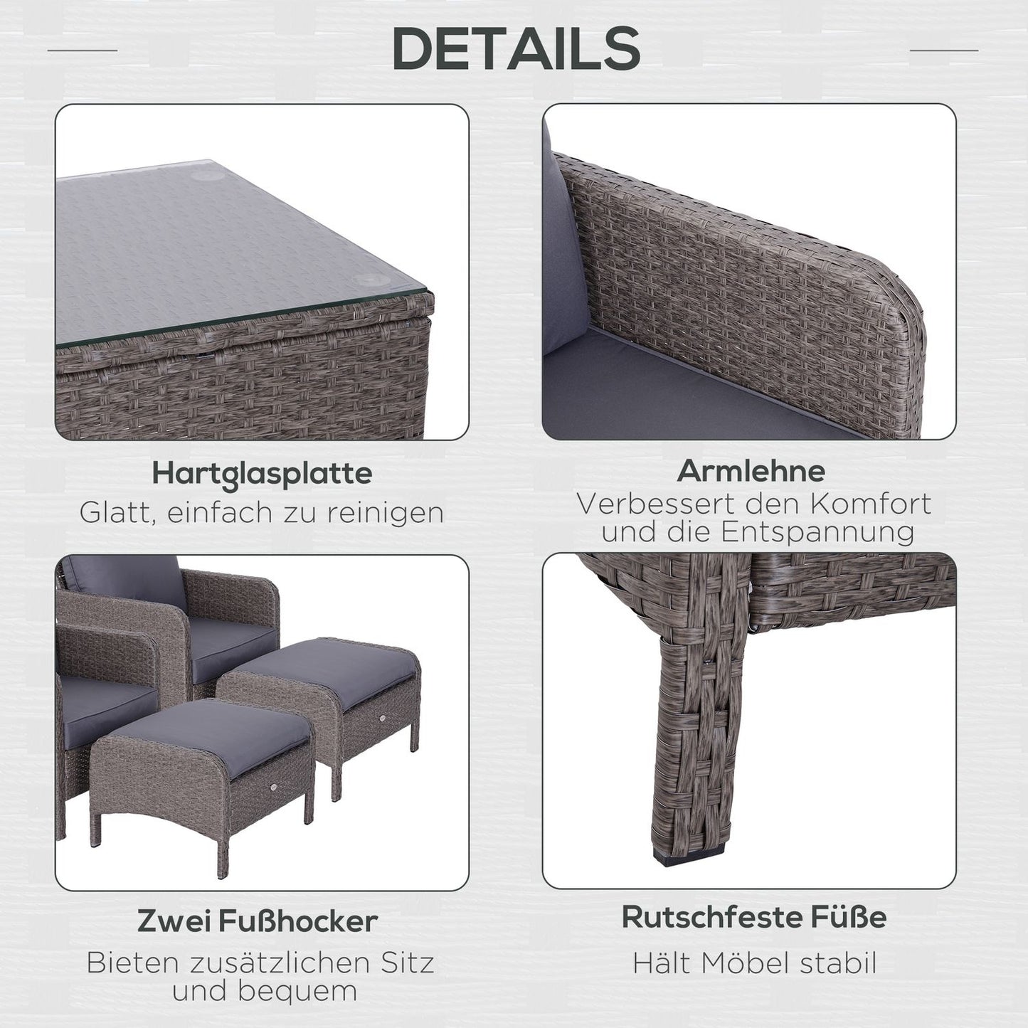 Outdoor dining set in polyrattan, dark grey, with cushions