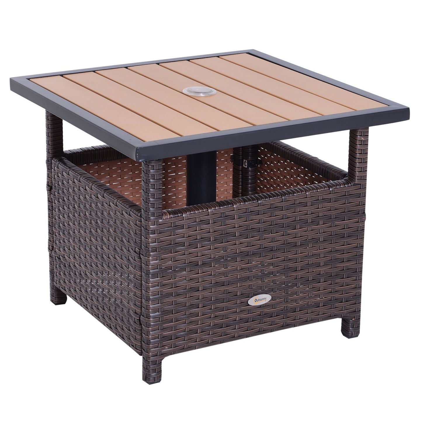 Brown patio table in poly rattan with umbrella stand, 55.5 cm