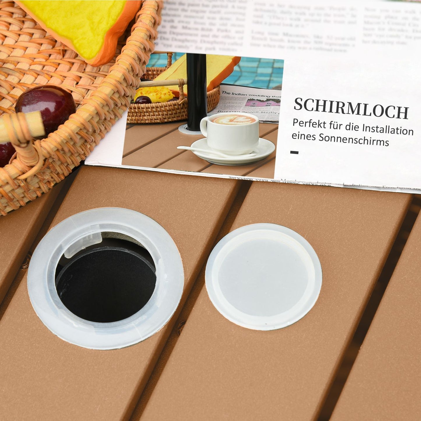 Brown patio table in poly rattan with umbrella stand, 55.5 cm