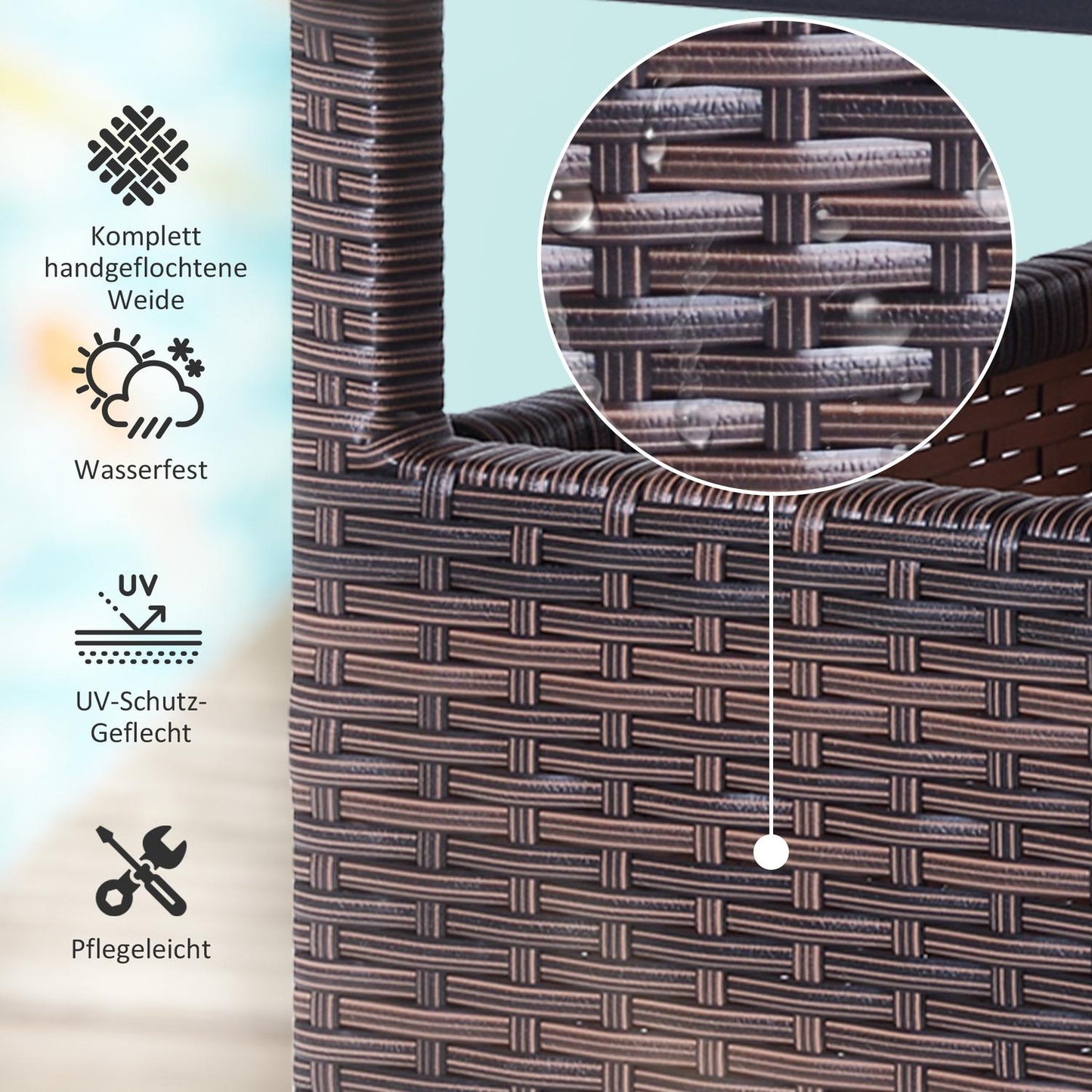 Brown patio table in poly rattan with umbrella stand, 55.5 cm