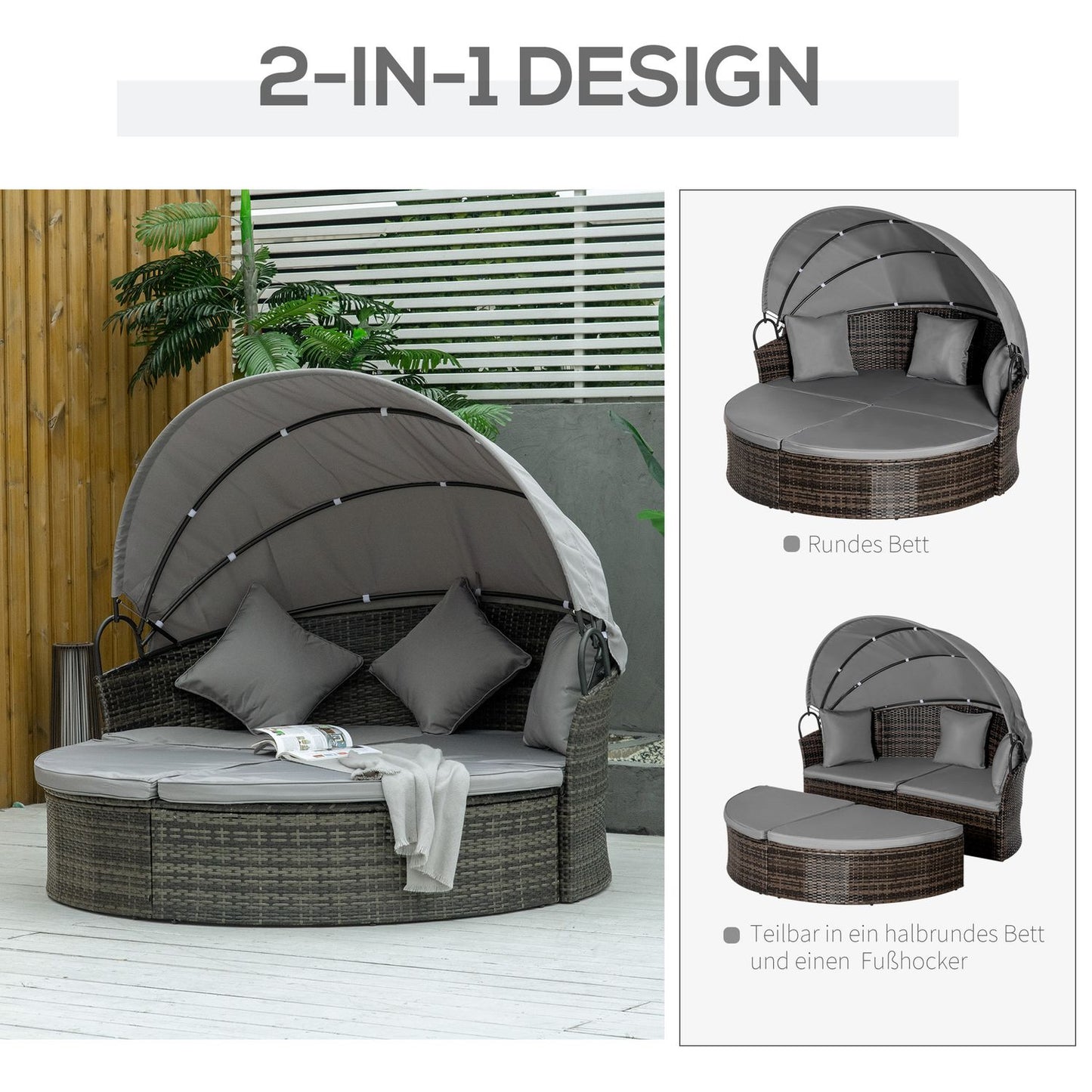 Sun lounger in poly rattan with foldable canopy, grey